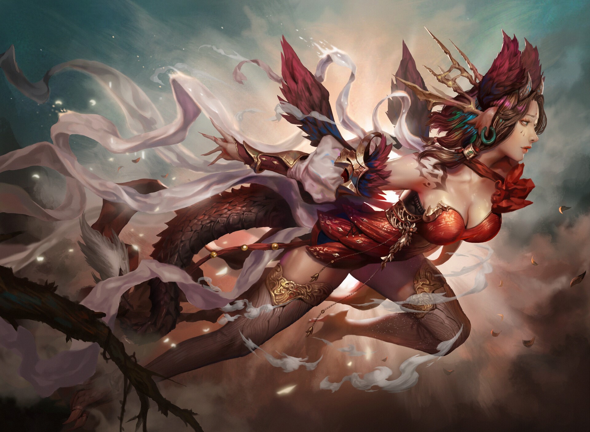 Fantasy artwork of an Asian woman with dragon tail HD Wallpaper
