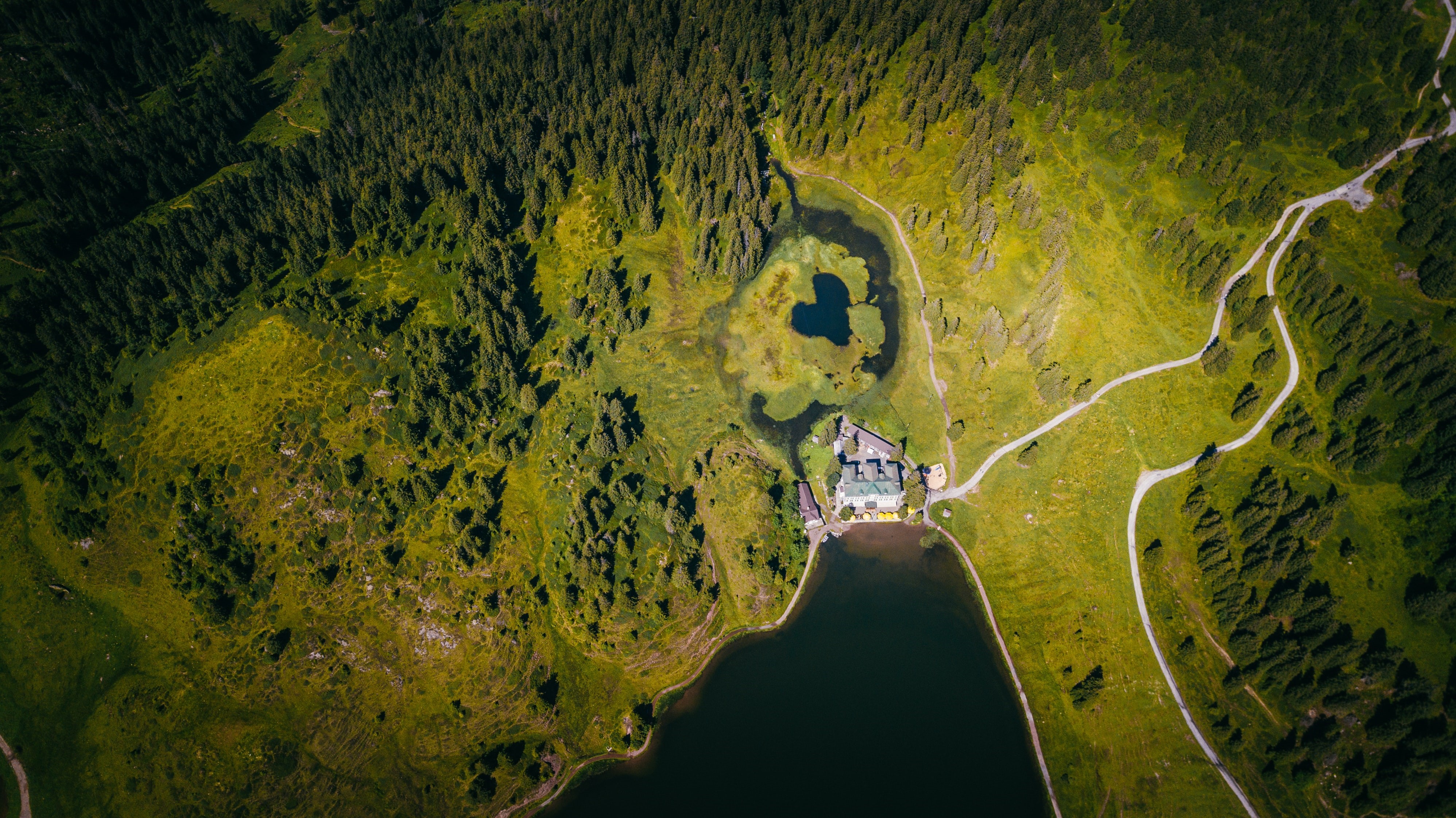 Aerial view of a house by a lake and forest HD Wallpaper