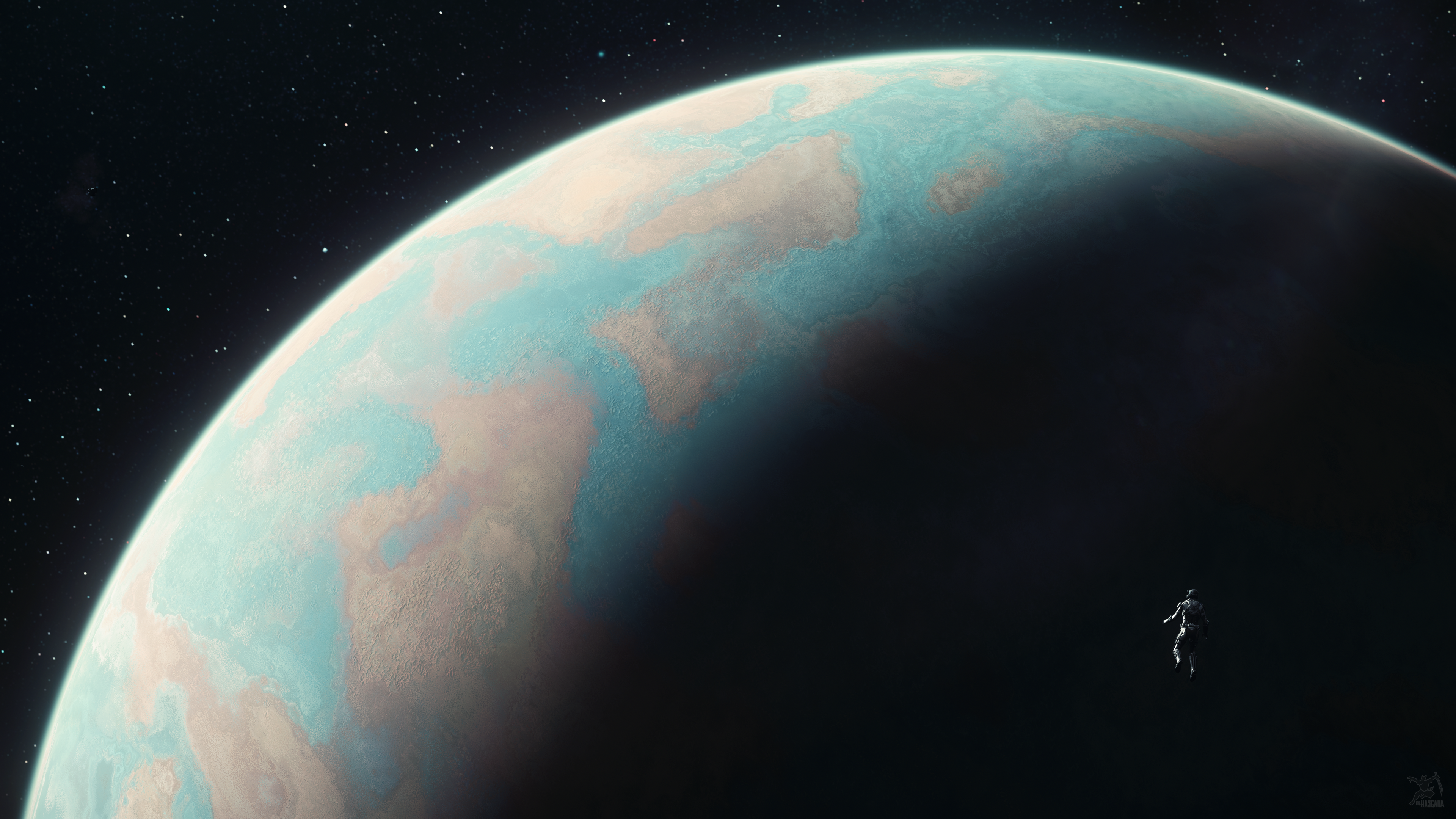 Astronaut floating near a planet in space HD Wallpaper
