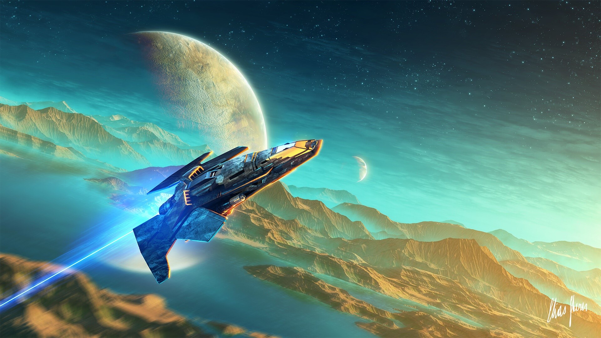 Spaceship flying over alien planet landscape with planets in sky HD Wallpaper