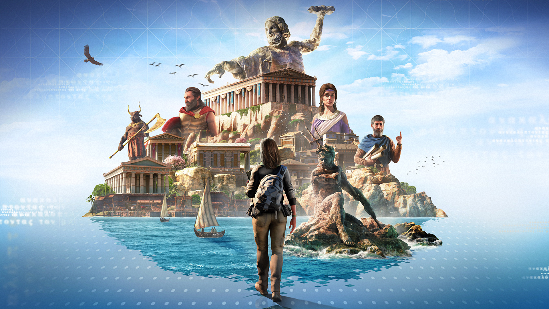 Assassin's Creed Odyssey: Kassandra and historical figures on Greek island HD Wallpaper