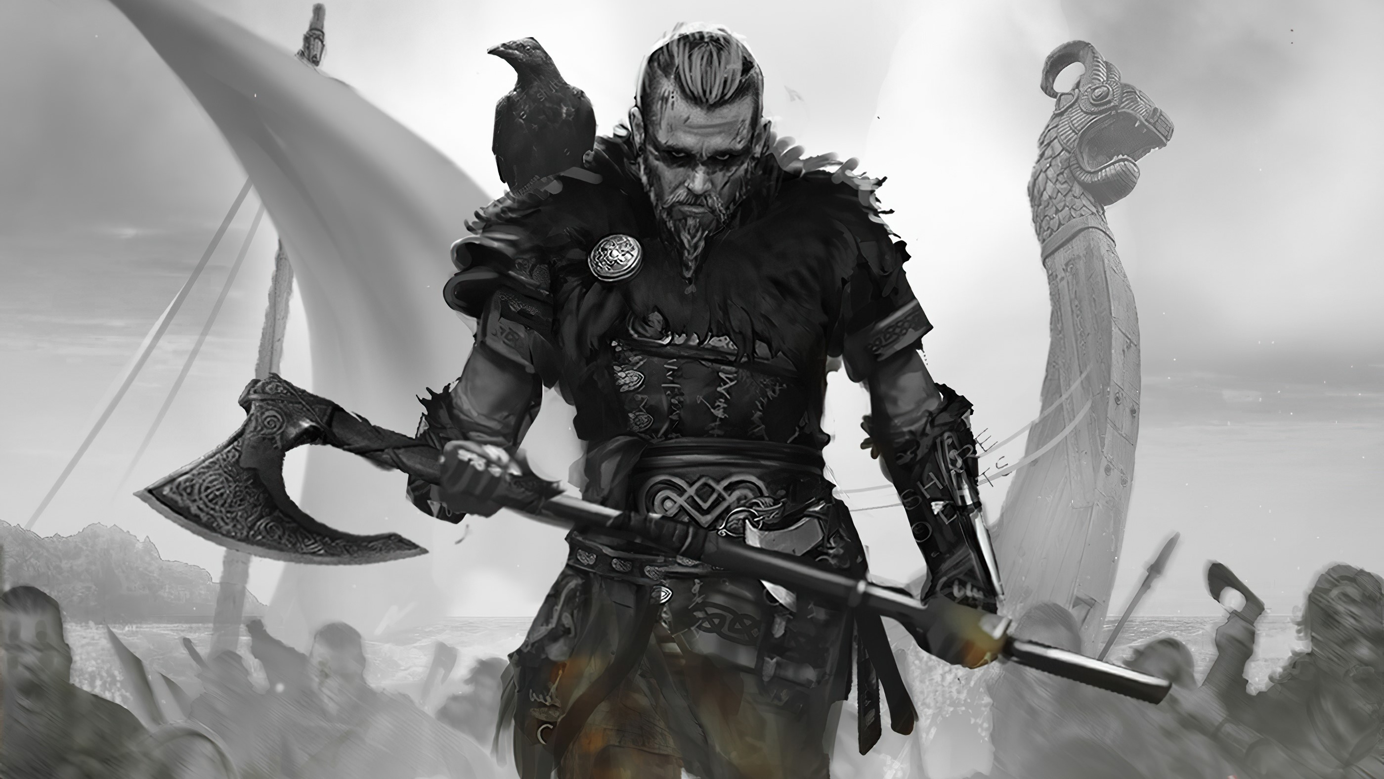 Viking warrior with axe and raven from Assassins Creed HD Wallpaper