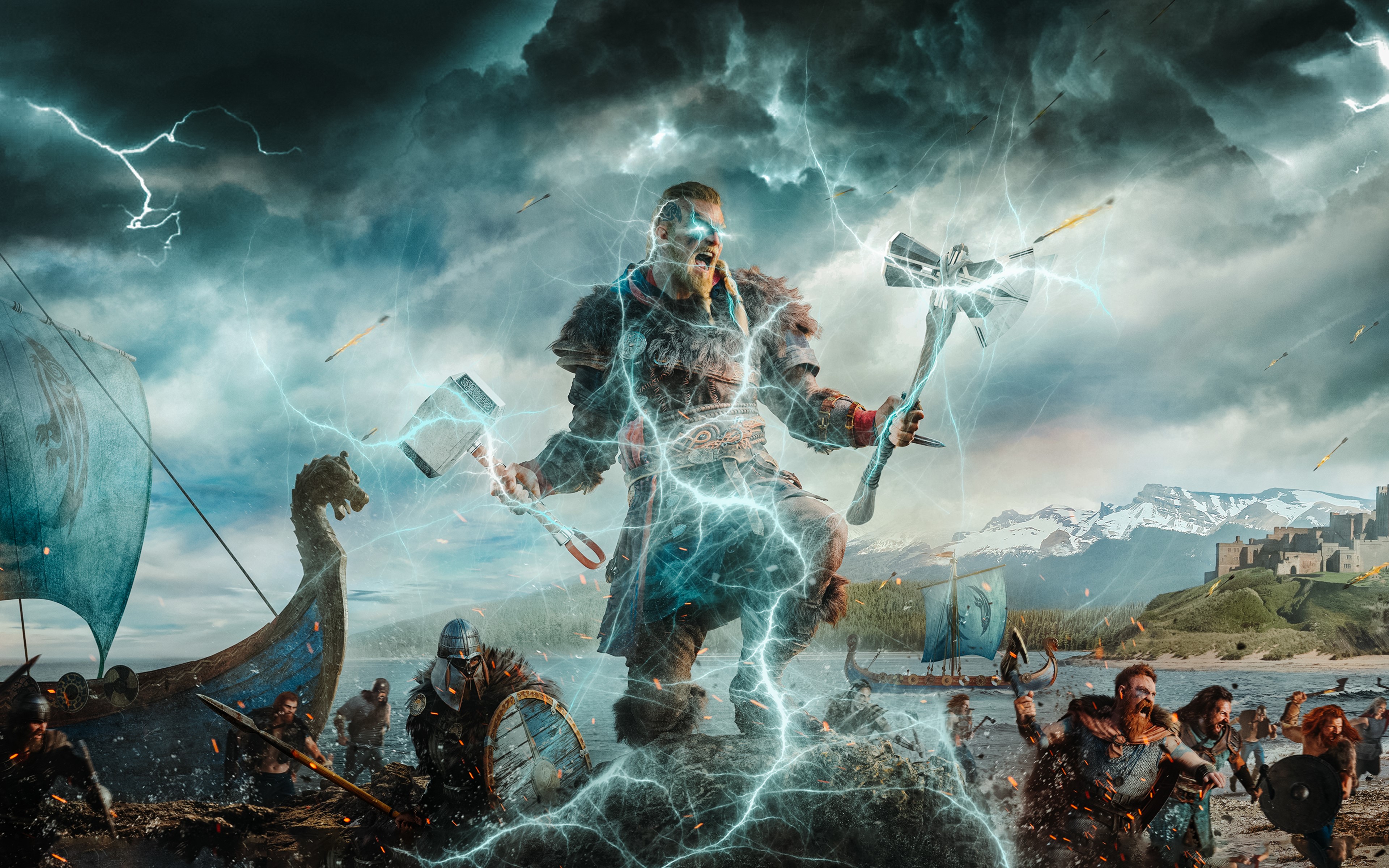 Assassin's Creed Valhalla Viking Warrior with Hammers HD Wallpaper