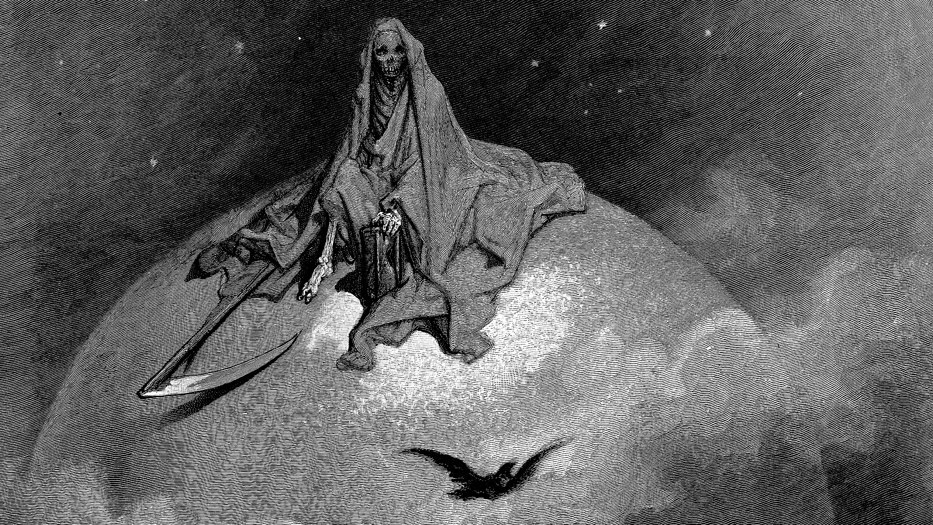 Death sitting on the Earth with a scythe HD Wallpaper