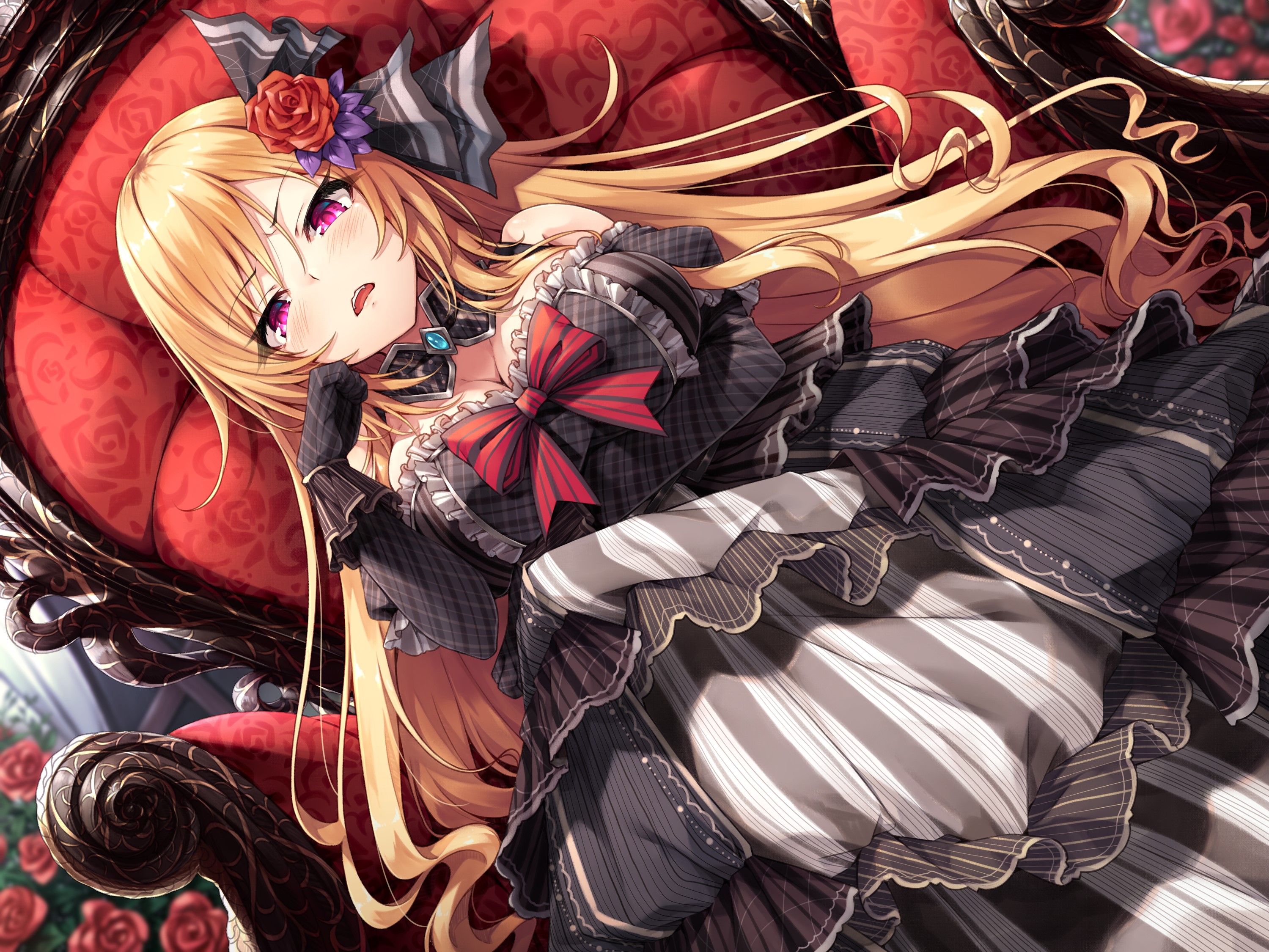 Anime girl with blonde hair and purple eyes on a red chair HD Wallpaper