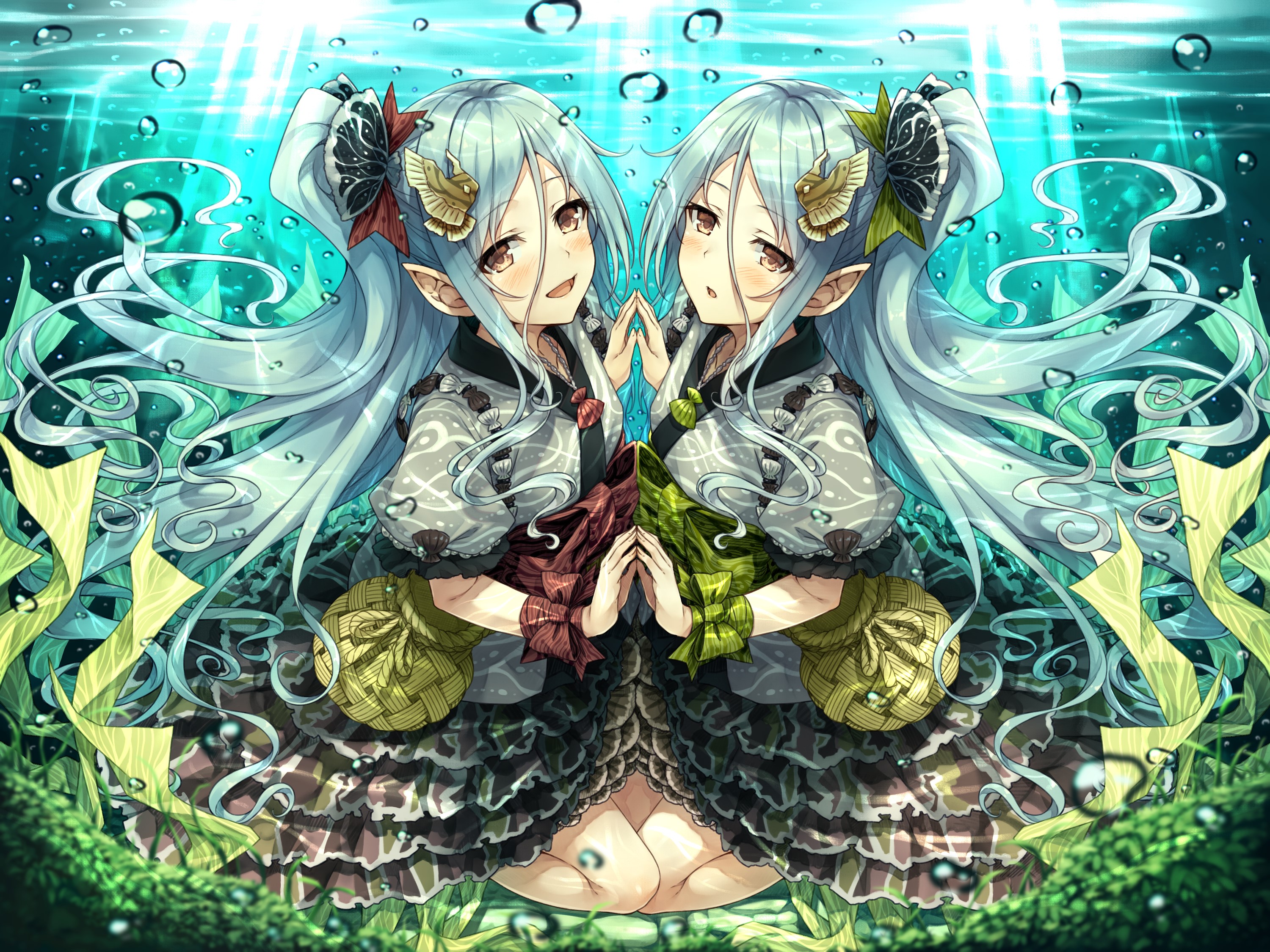 Two anime girls with light blue hair underwater HD Wallpaper