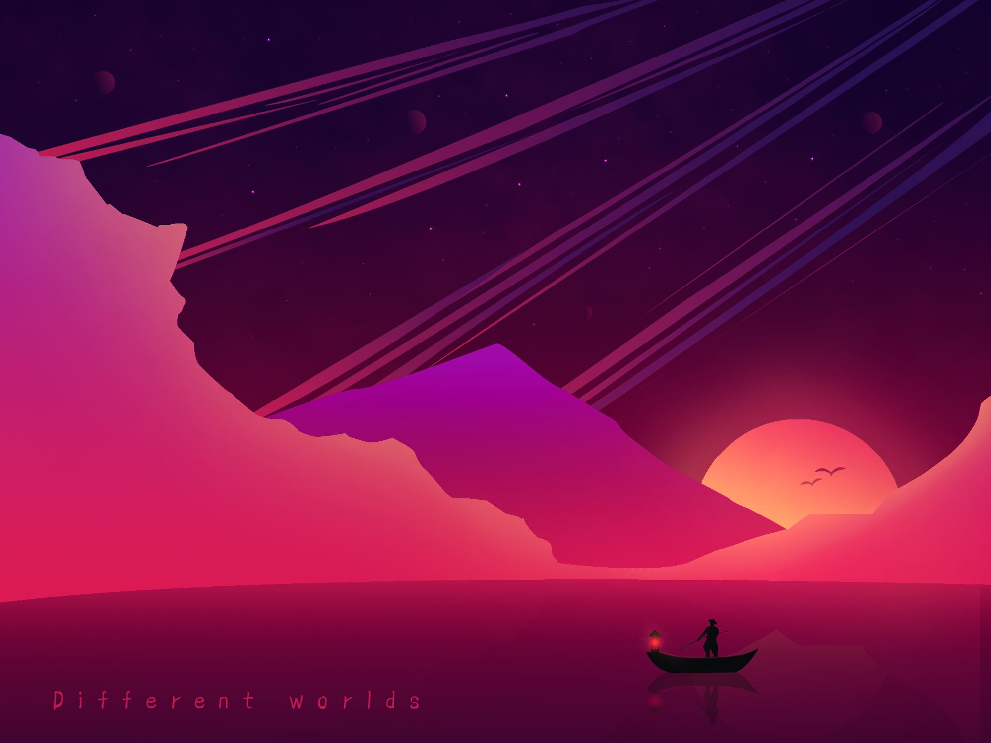 Digital art illustration of a boat on a lake with mountains and a sunset HD Wallpaper