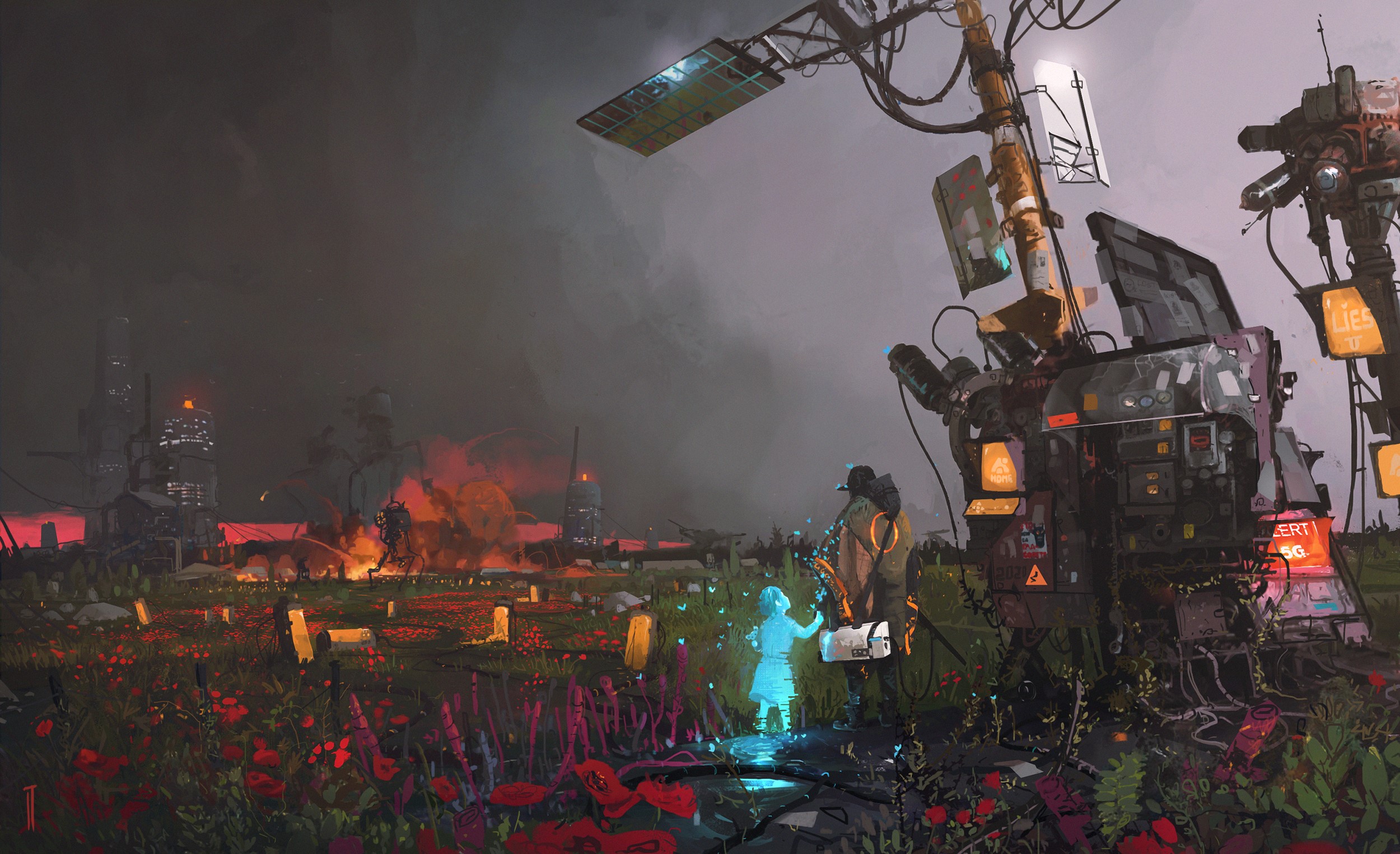 Dystopian field with futuristic structures and a girl HD Wallpaper