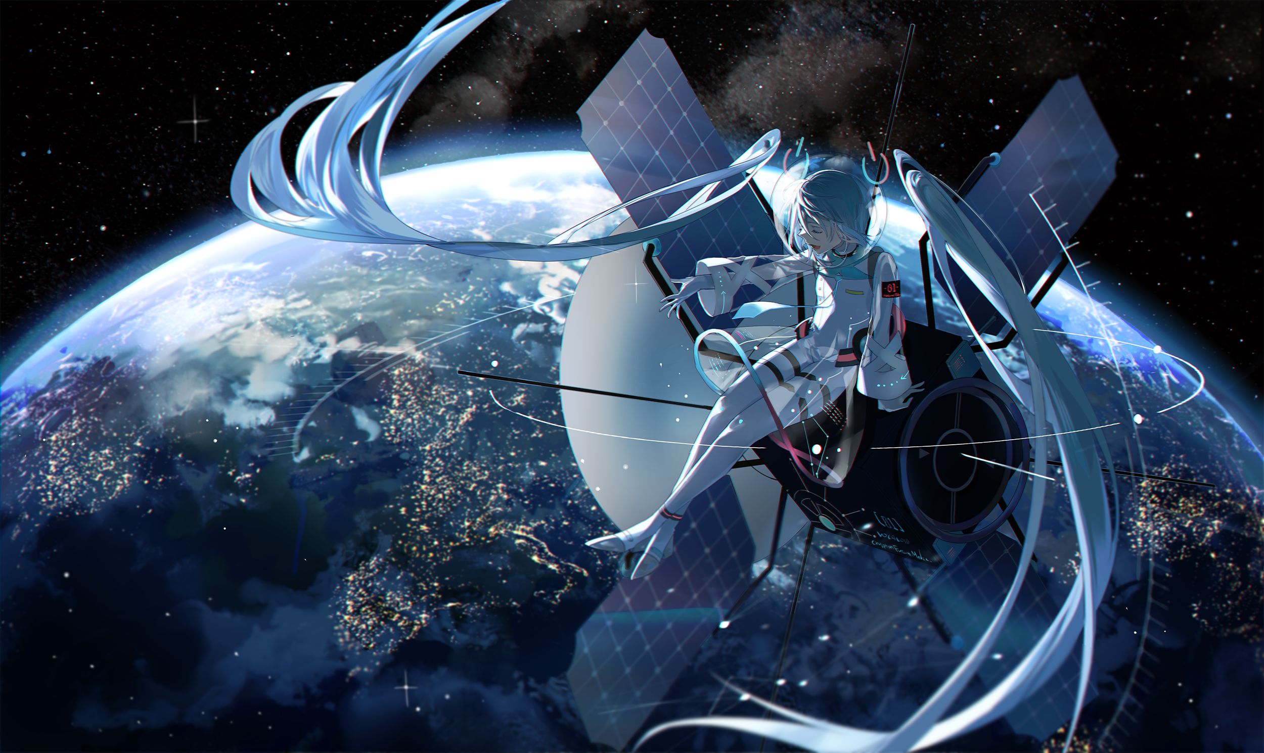 Hatsune Miku in a spacesuit on a satellite above Earth HD Wallpaper