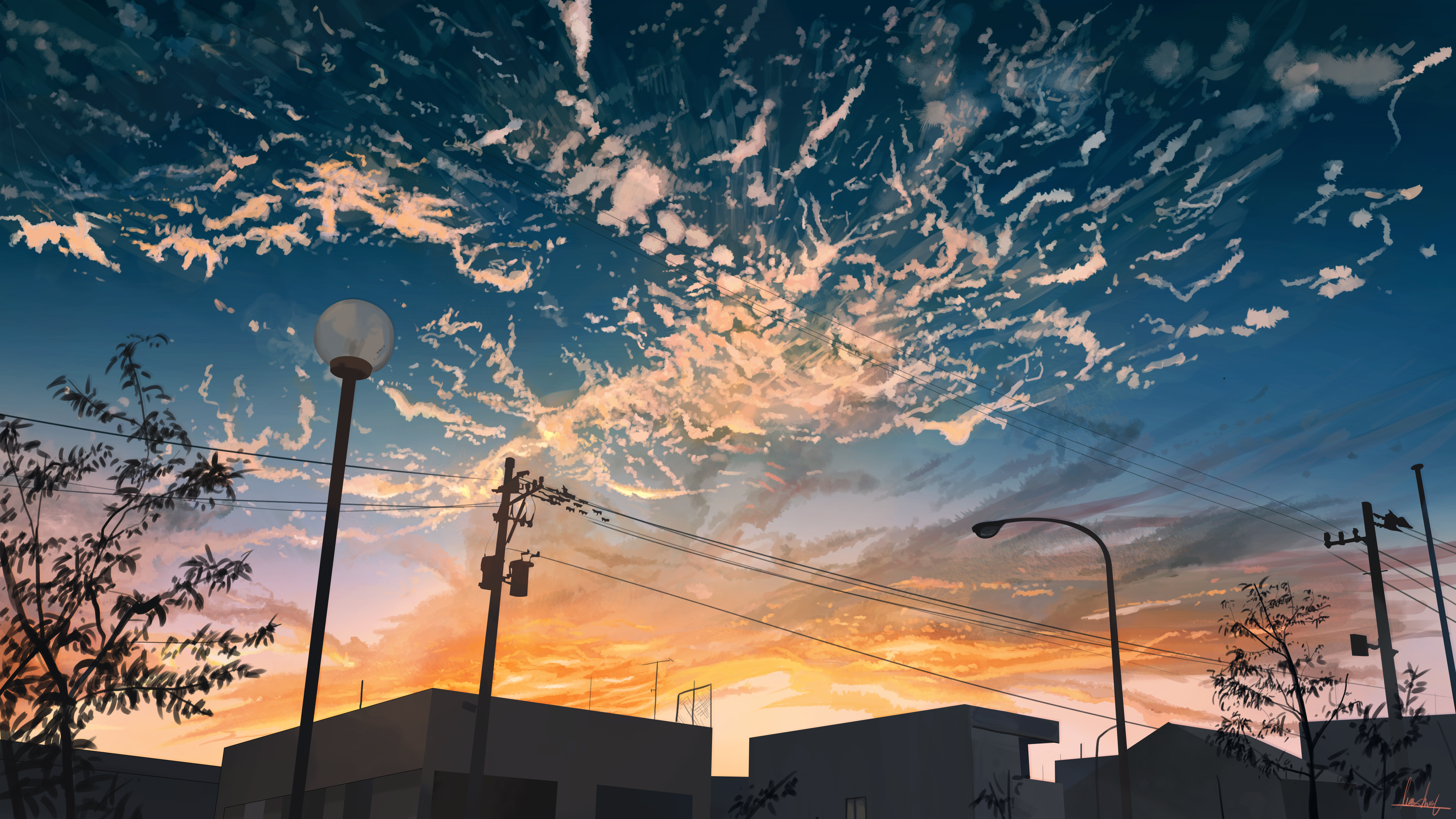Anime city skyline at sunset with clouds HD Wallpaper