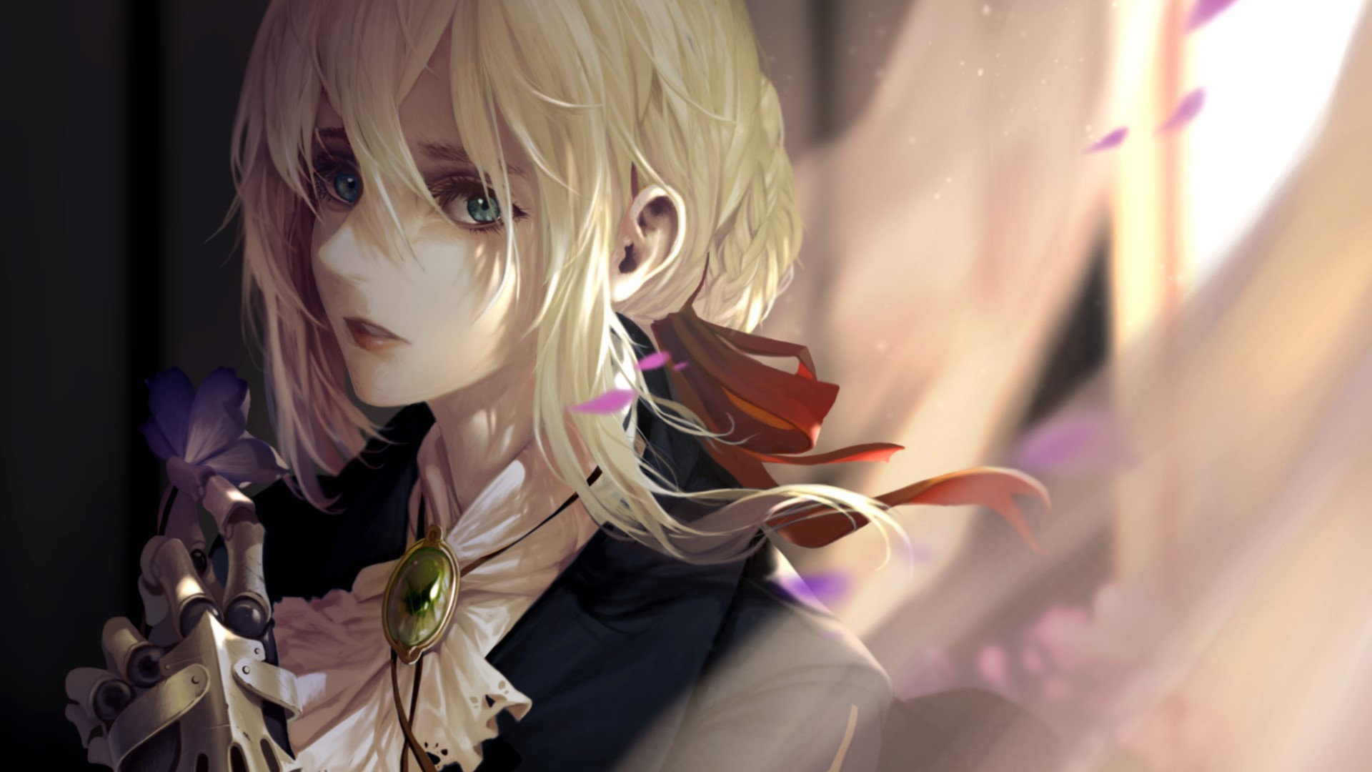 Violet Evergarden with blue eyes and a flower HD Wallpaper