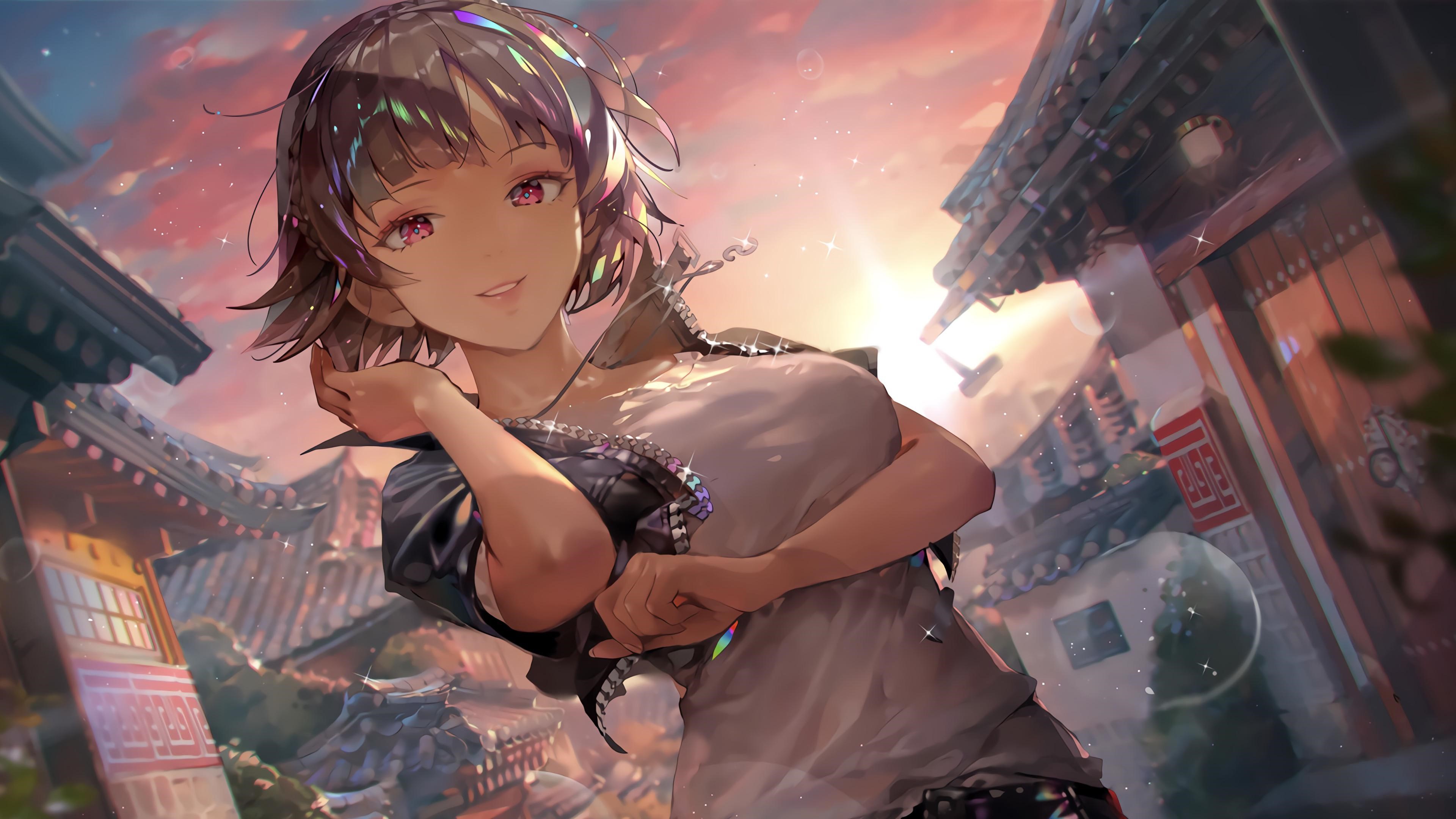 Makoto Niijima from Persona 5 in Asian Architecture at Sunset HD Wallpaper