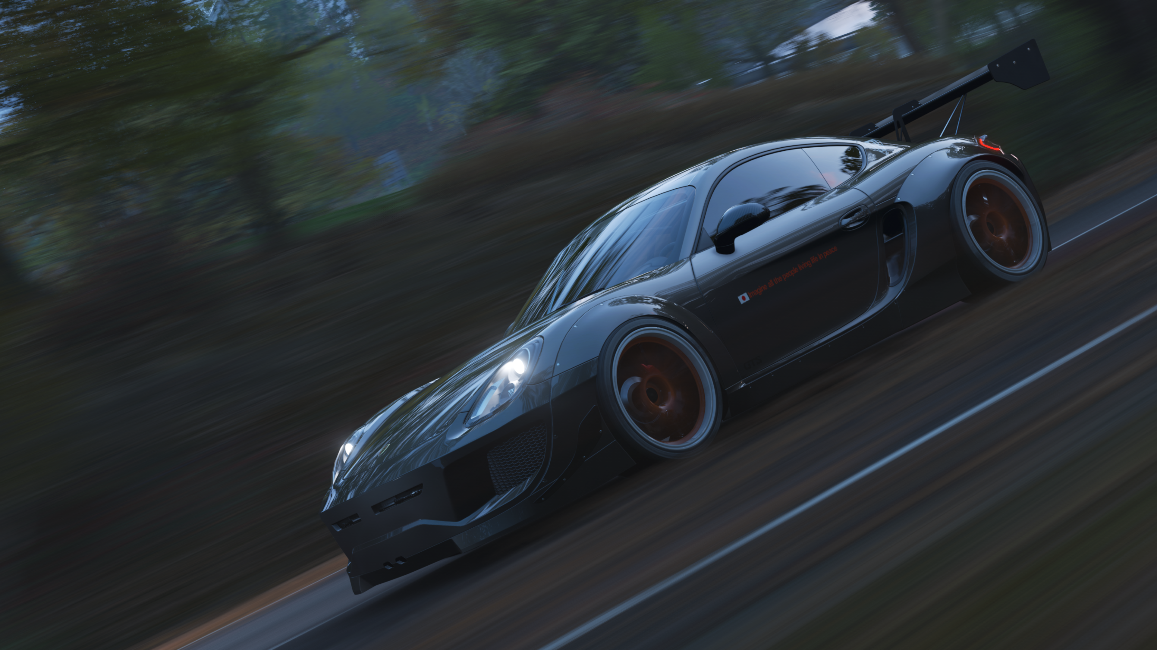 Dark Porsche Cayman with Liberty Walk body kit in Forza Horizon 4 HD Wallpaper