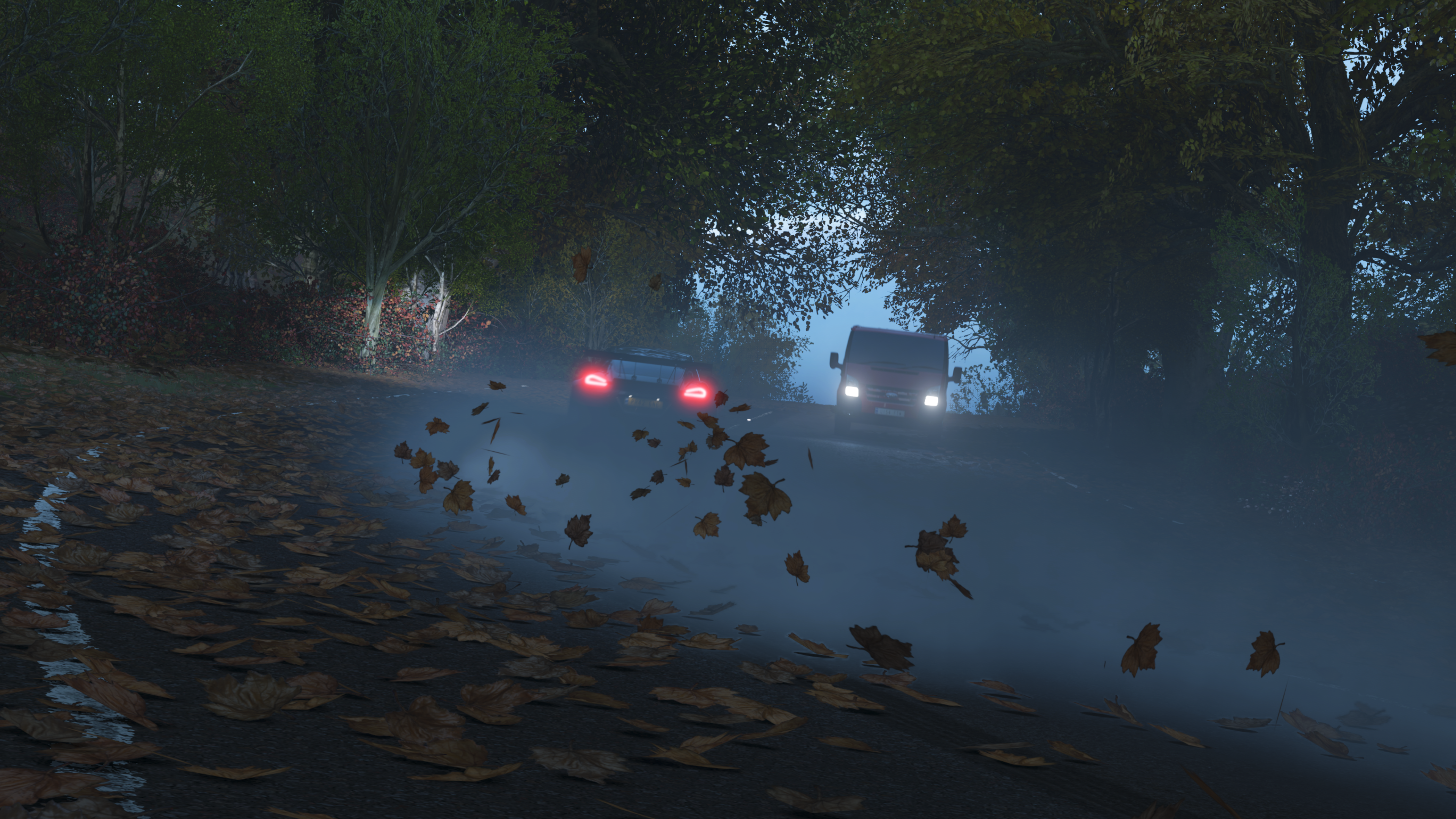 Cars on a foggy road in Forza Horizon 4 HD Wallpaper