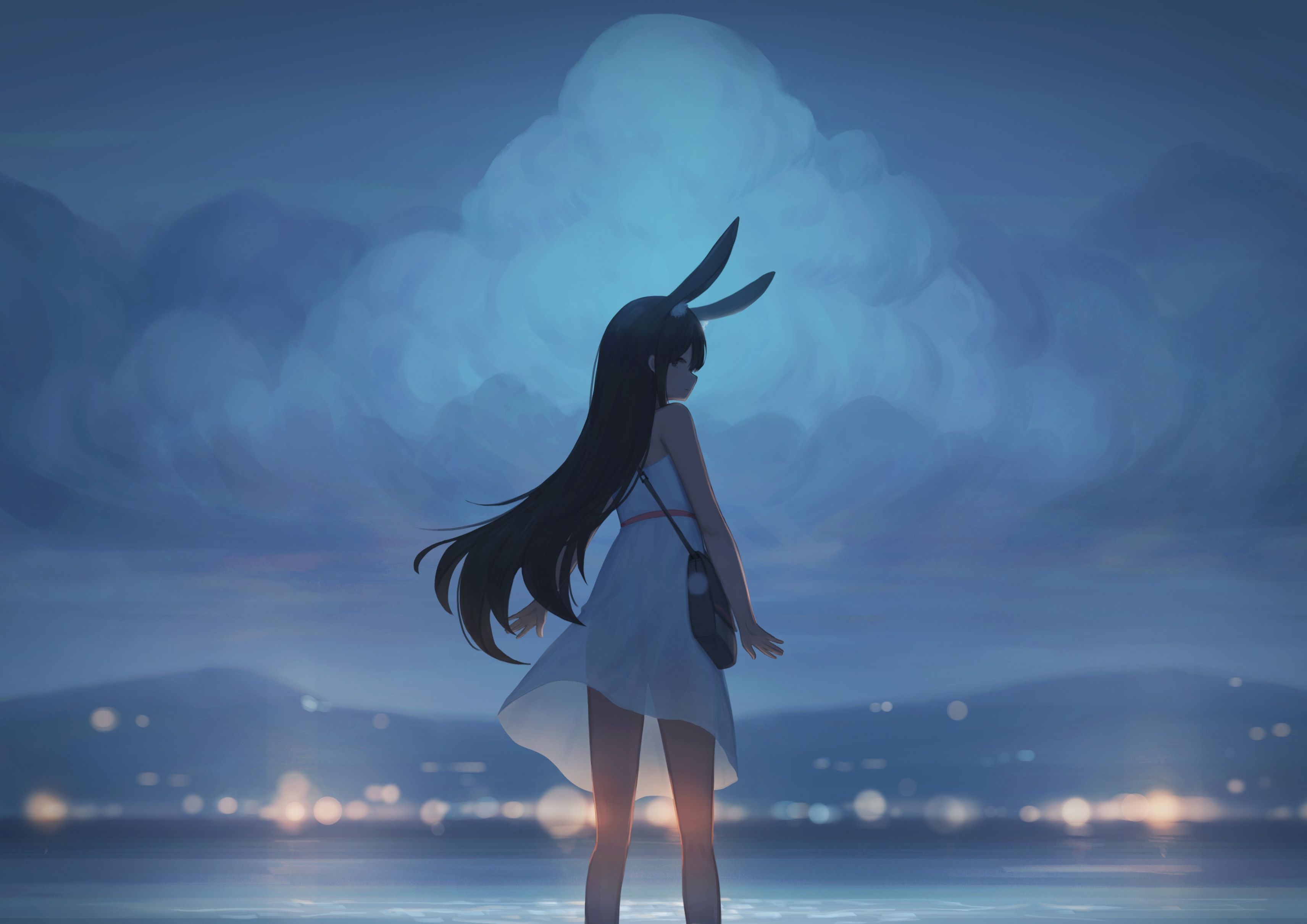 Anime girl with bunny ears standing by the water at night HD Wallpaper
