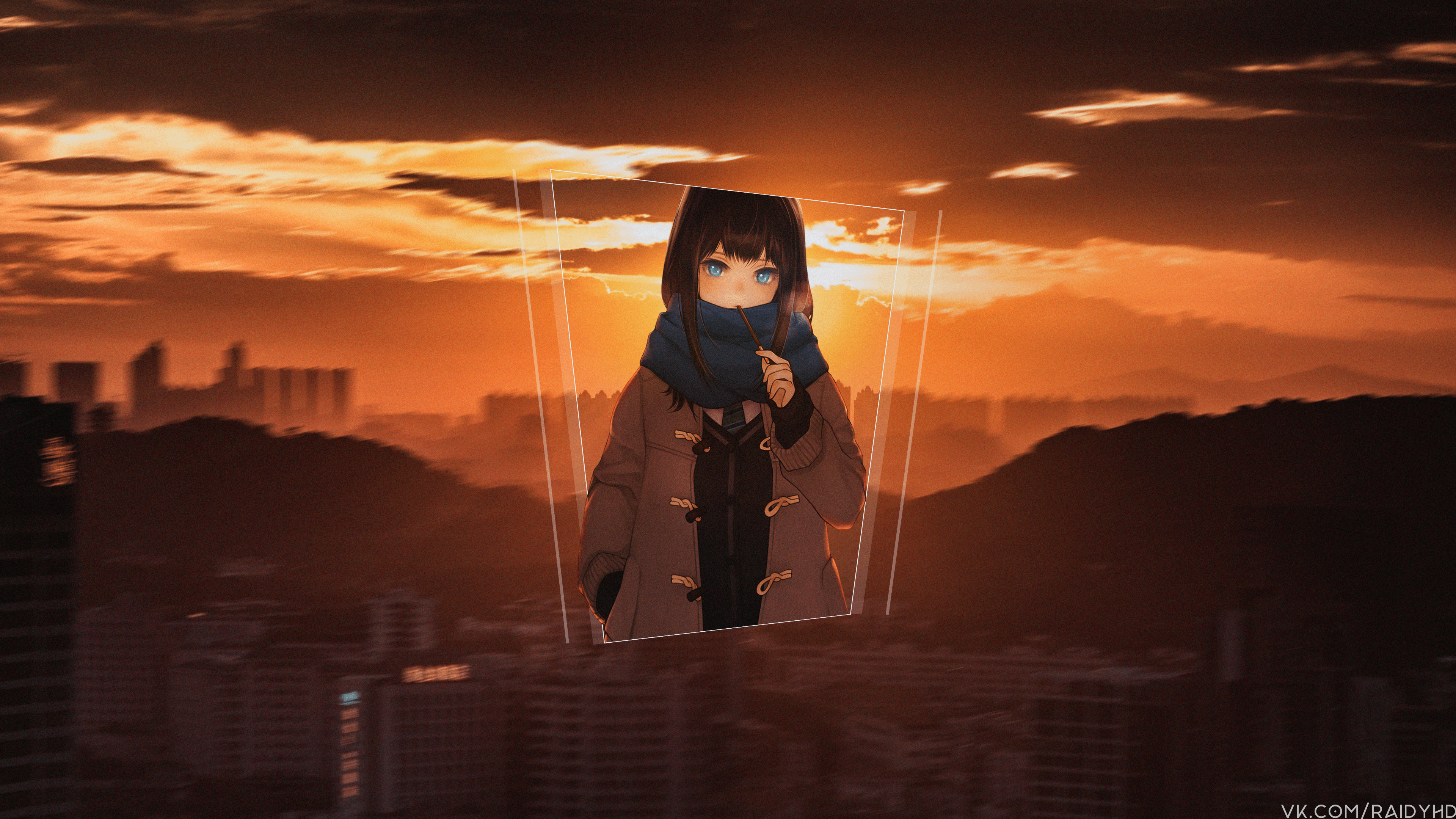 4K anime girl with blue eyes and scarf at sunset HD Wallpaper
