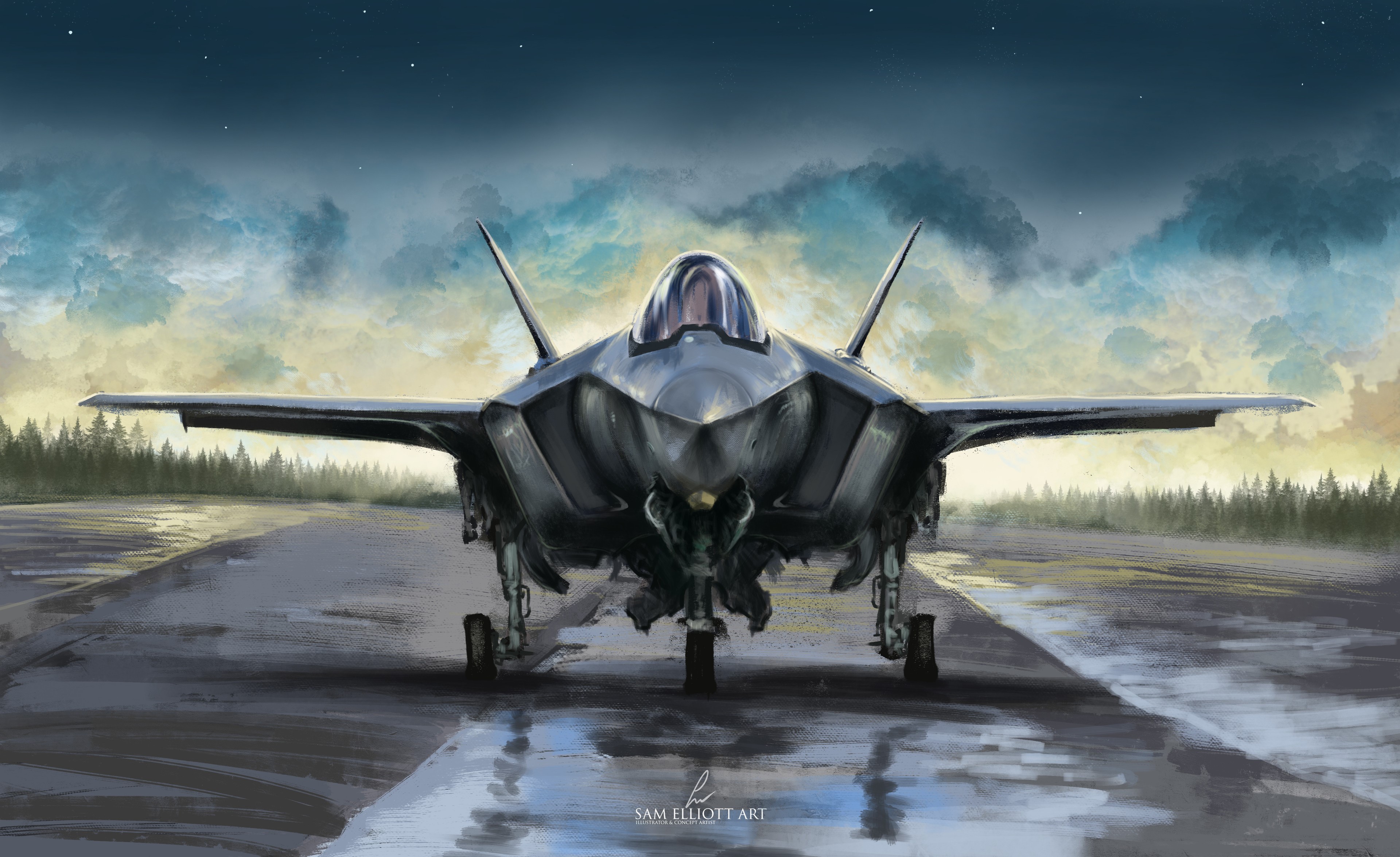 F-35A Lightning II aircraft on runway at dusk HD Wallpaper
