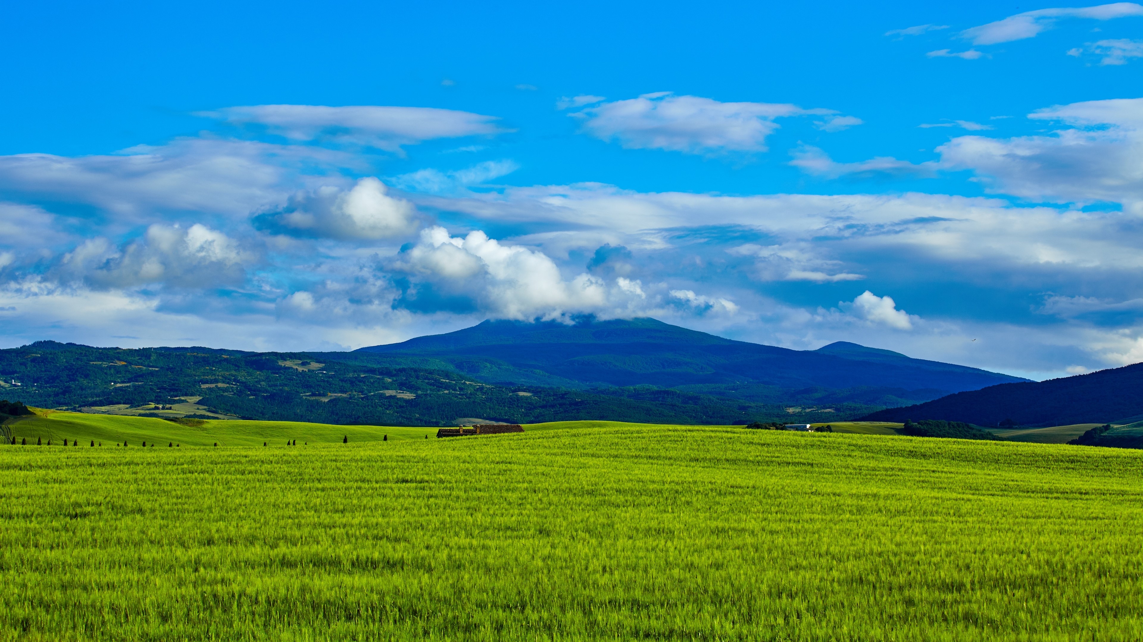 Green fields and mountains under a cloudy sky HD Wallpaper