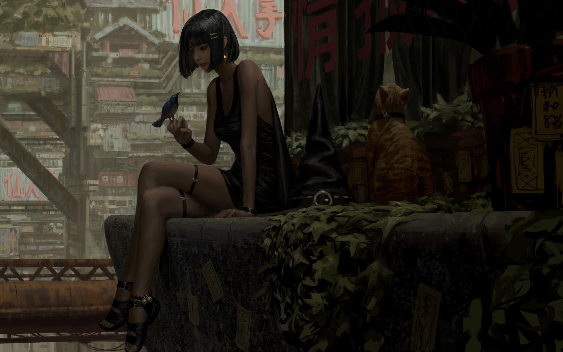 Woman with bird and cat in a fantasy city HD Wallpaper