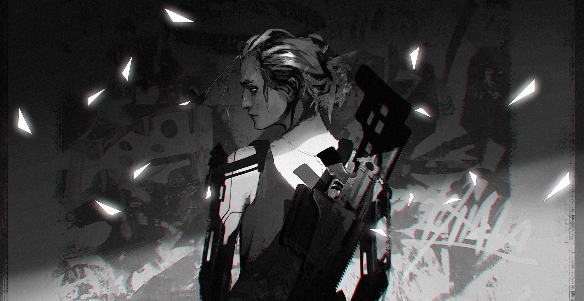 Monochrome artwork of a woman with a weapon HD Wallpaper
