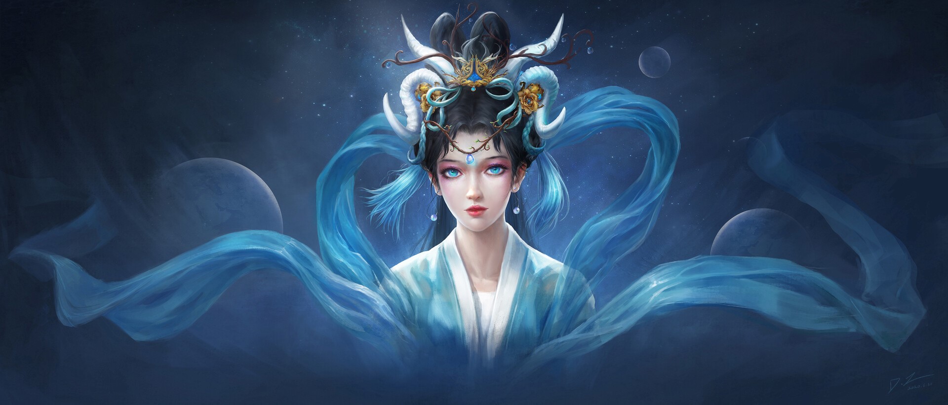 Fantasy girl with ram horns and blue ribbons HD Wallpaper