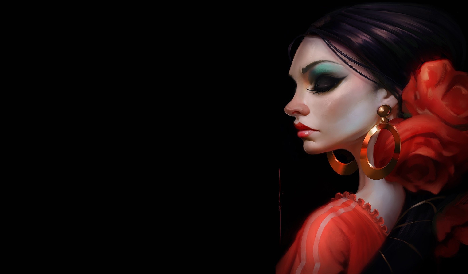 Artwork of a woman with dramatic makeup and a red flower HD Wallpaper