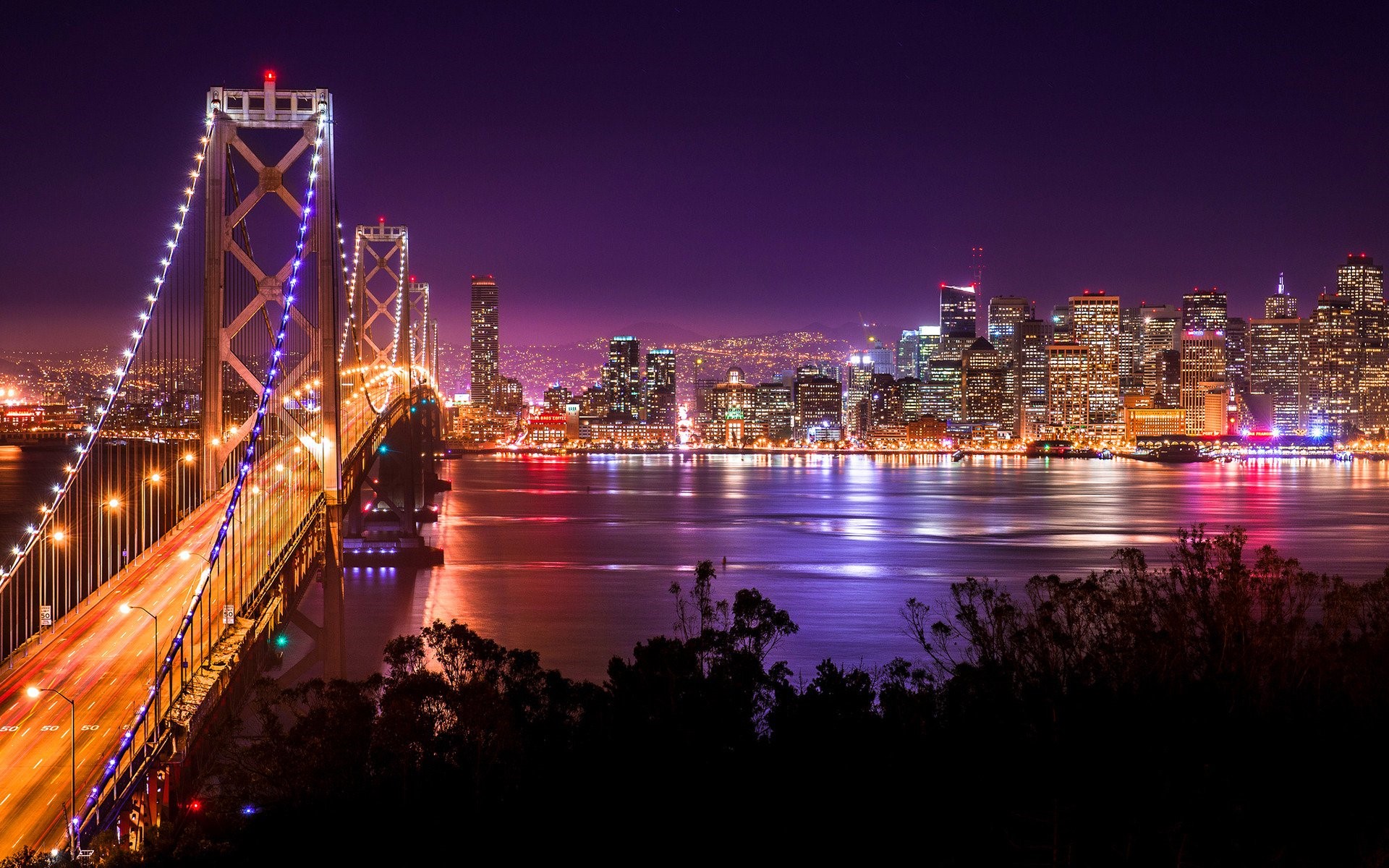 San Francisco Bay Bridge and Skyline at Night HD Wallpaper