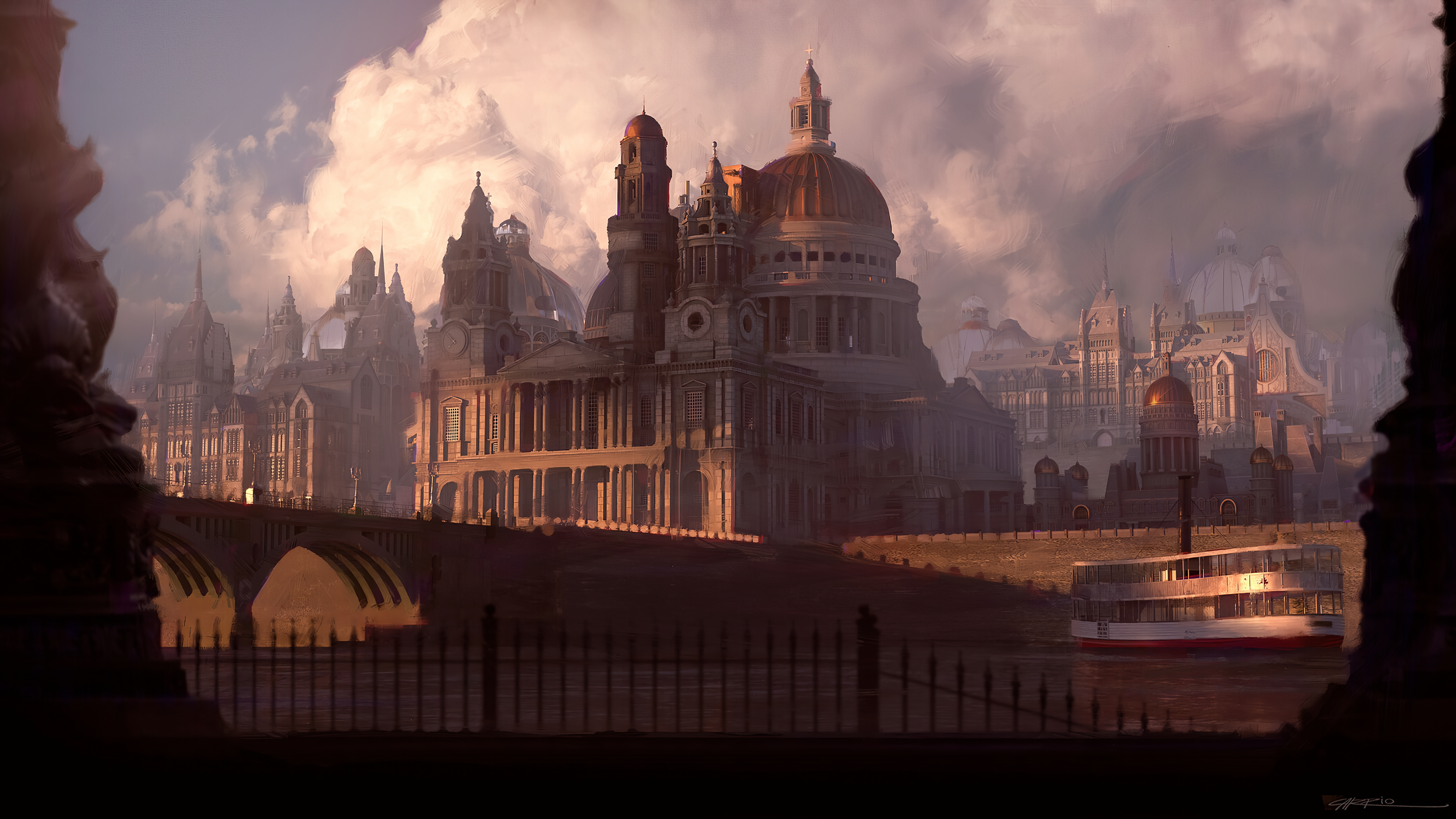 4K artwork of a city with a bridge and ferry by Pablo Carpio HD Wallpaper