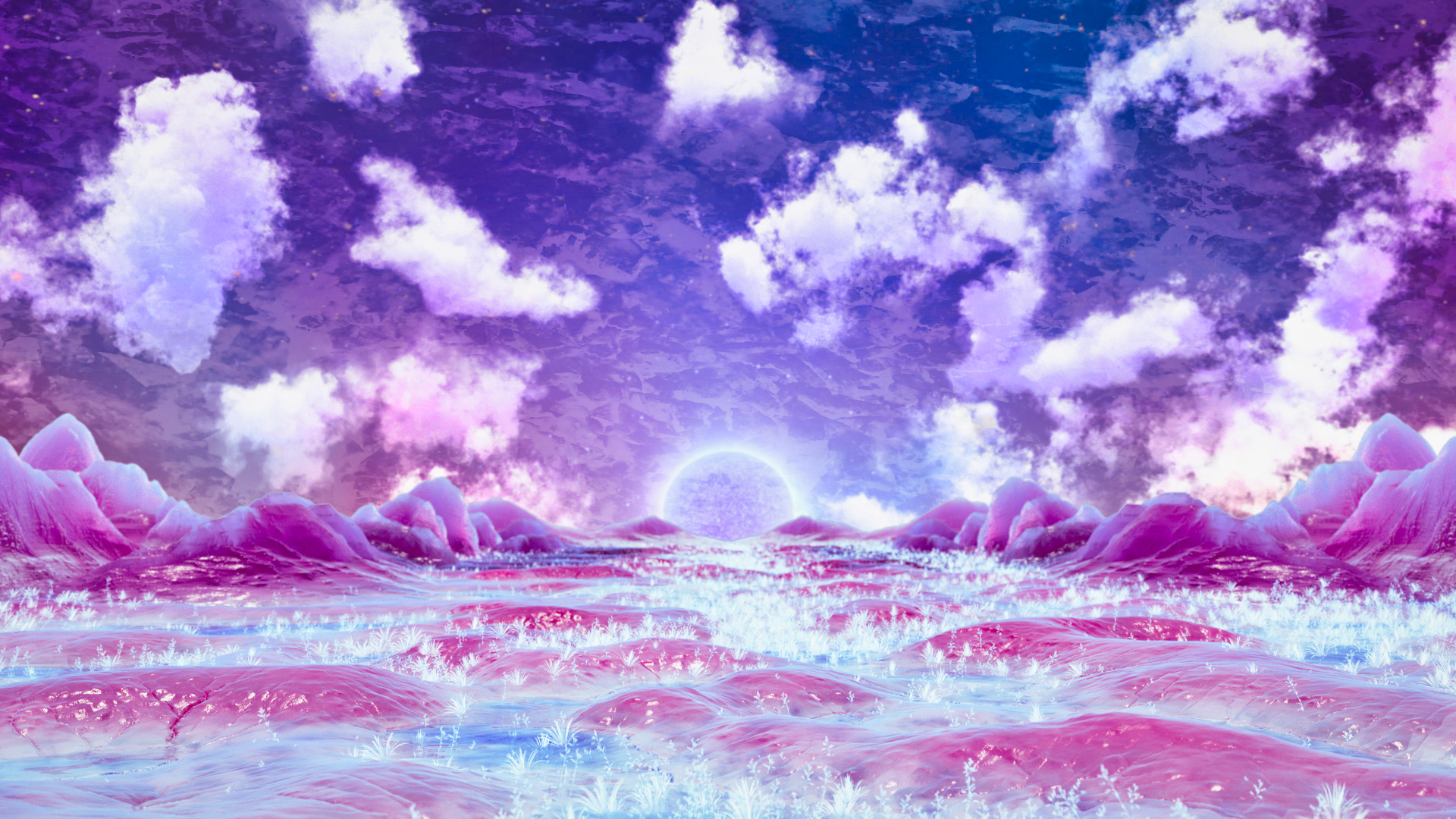 Alien landscape with pink mountains and a glowing sun HD Wallpaper