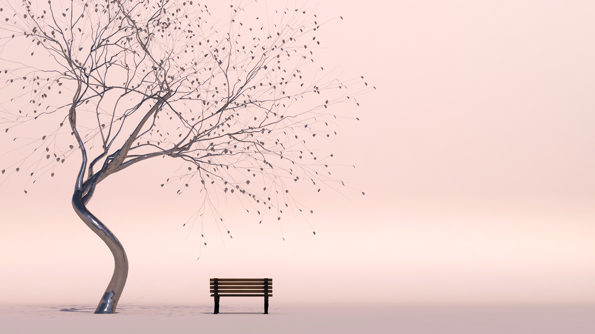 Abstract tree with bench on pink background HD Wallpaper