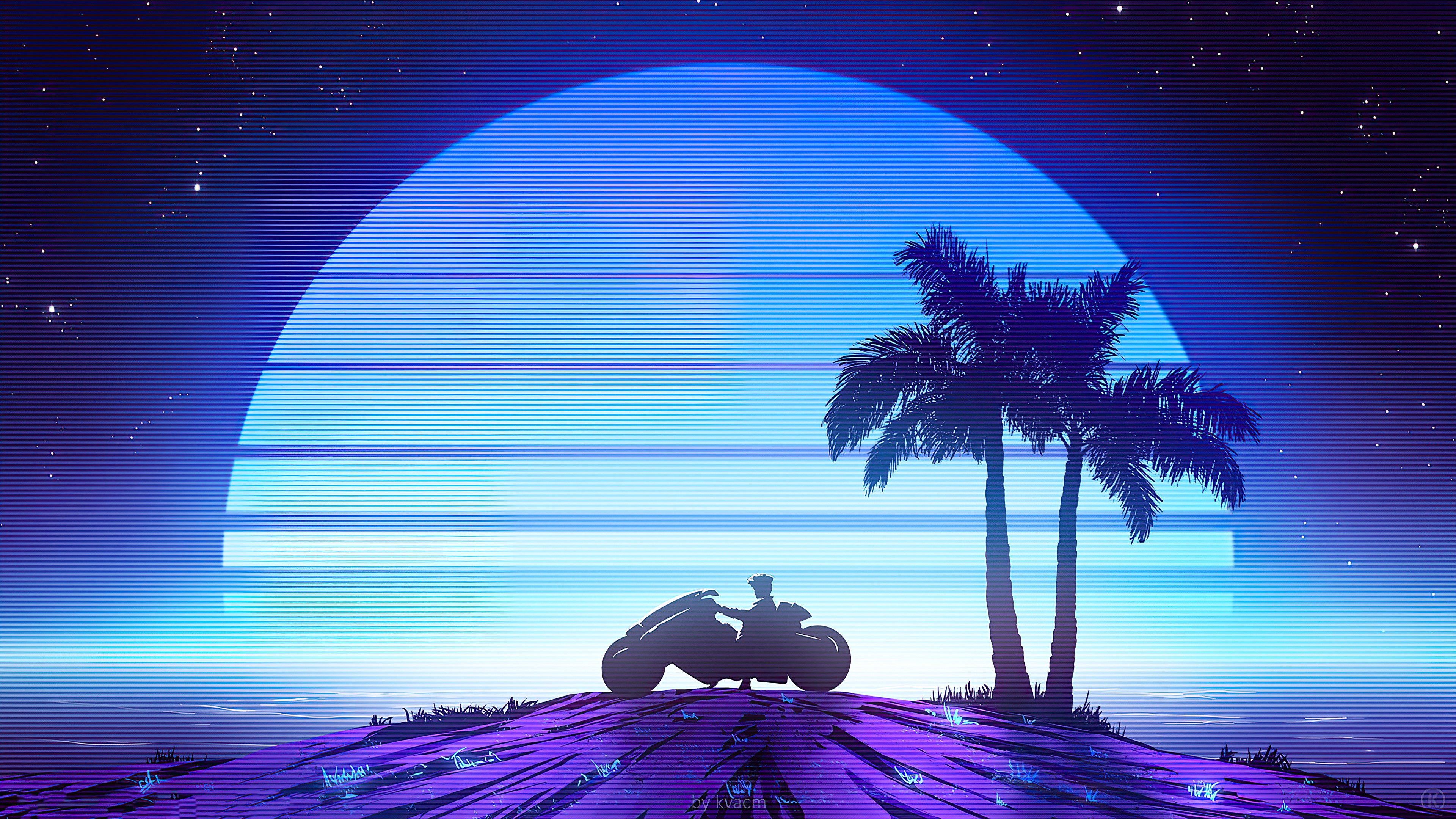 Synthwave motorcycle rider and palm trees at sunset HD Wallpaper