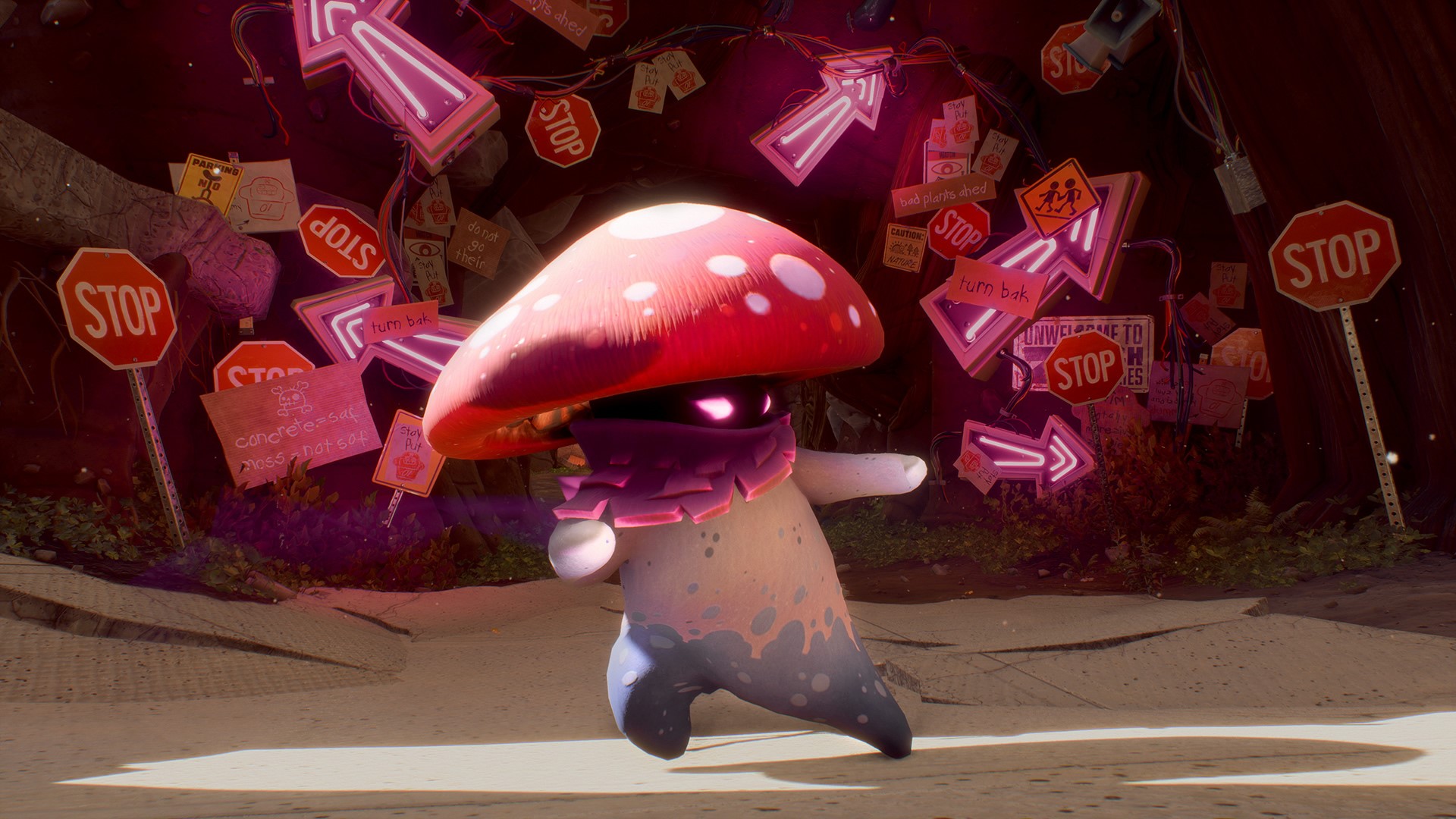 Mushroom character from Plants vs. Zombies surrounded by signs HD Wallpaper
