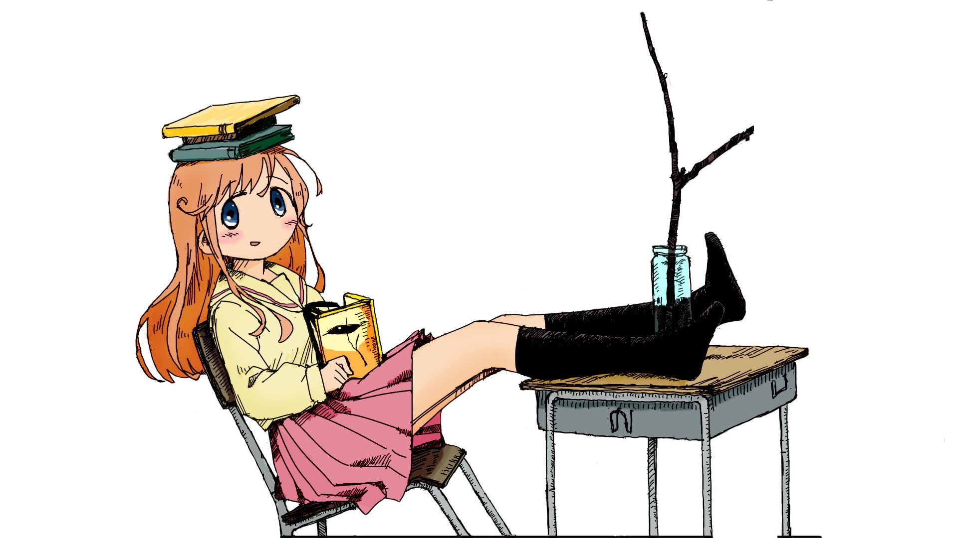 Anime girl with books on her head and legs up HD Wallpaper
