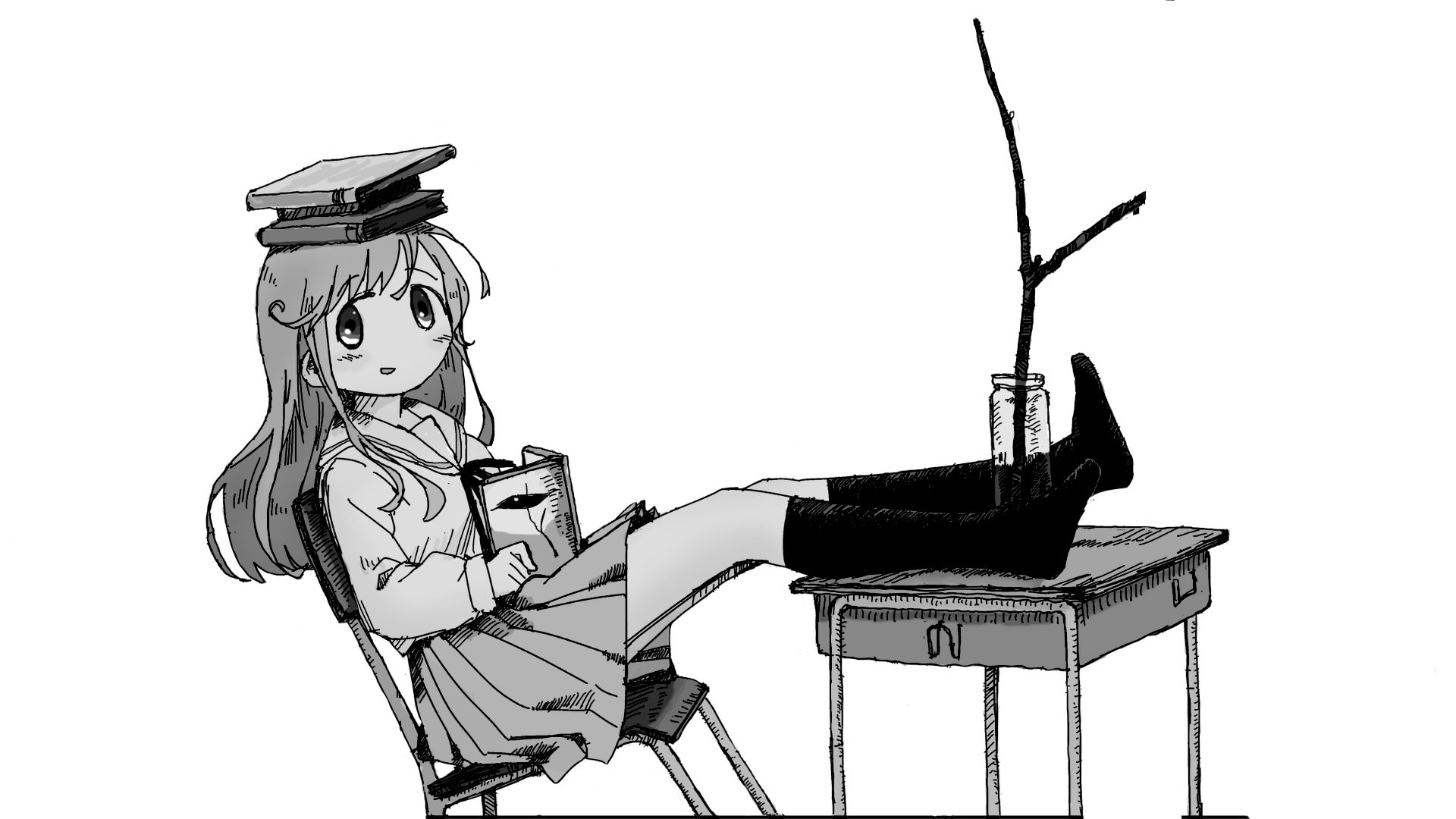 Anime girl with books on head and desk HD Wallpaper