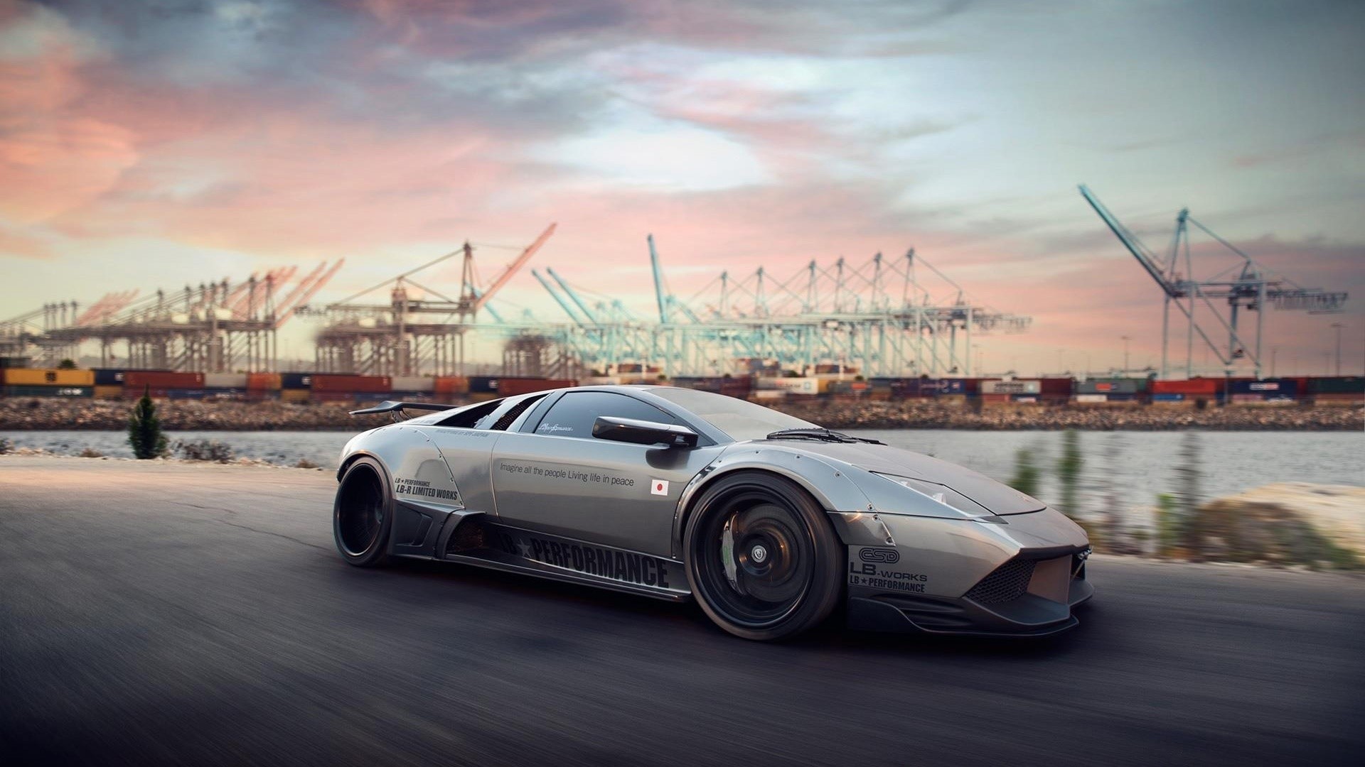 Liberty Walk Lamborghini Murcielago at a Harbor HD Wallpaper