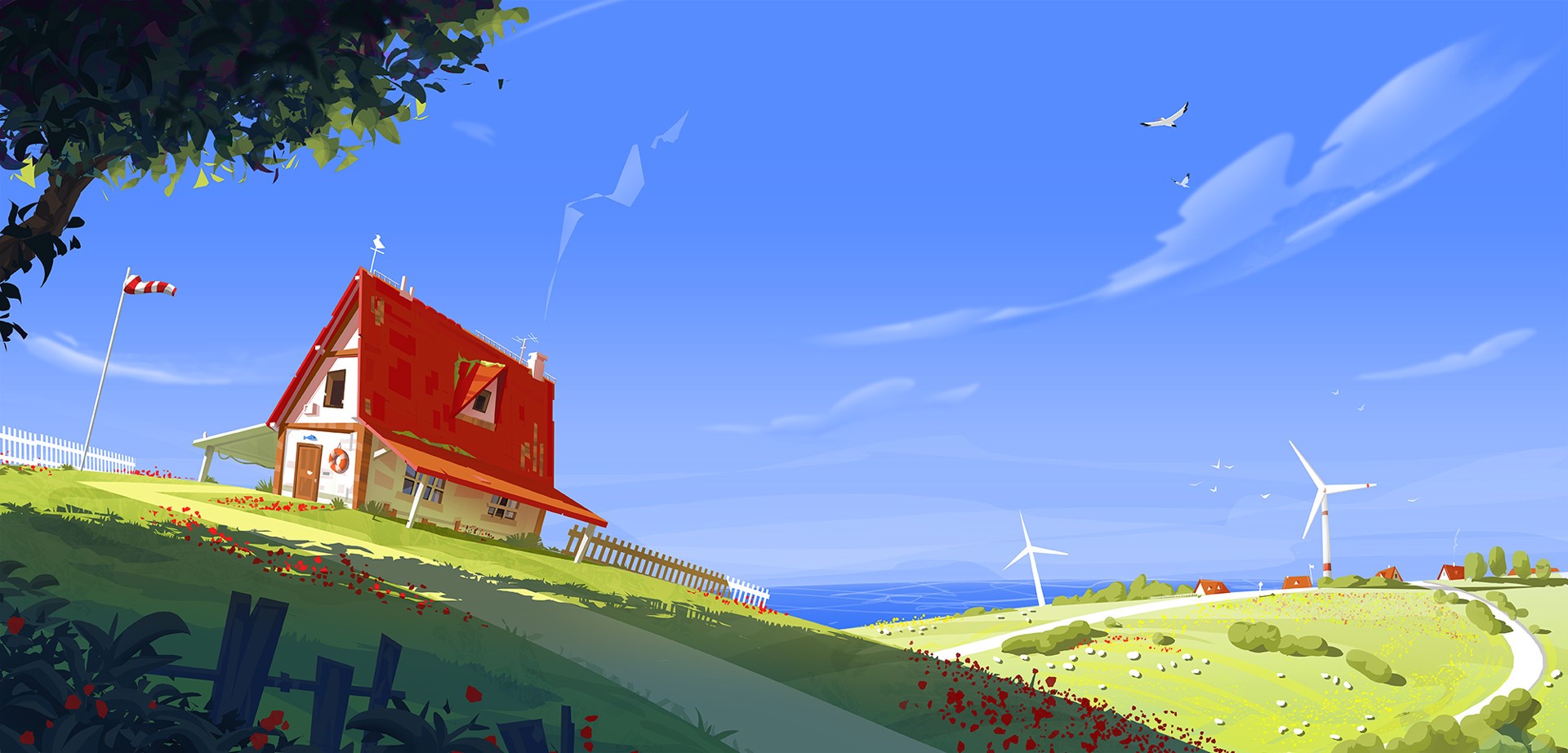 Artwork of a house on a hill with windmills and the sea HD Wallpaper
