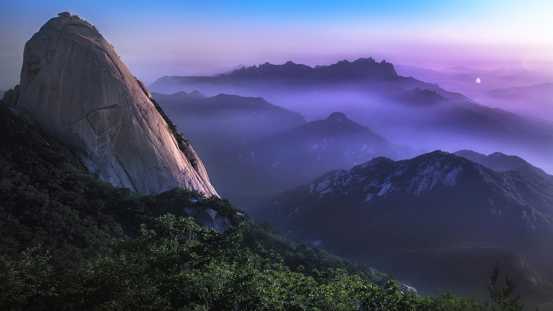 Misty mountains and rock formations at sunrise in South Korea HD Wallpaper