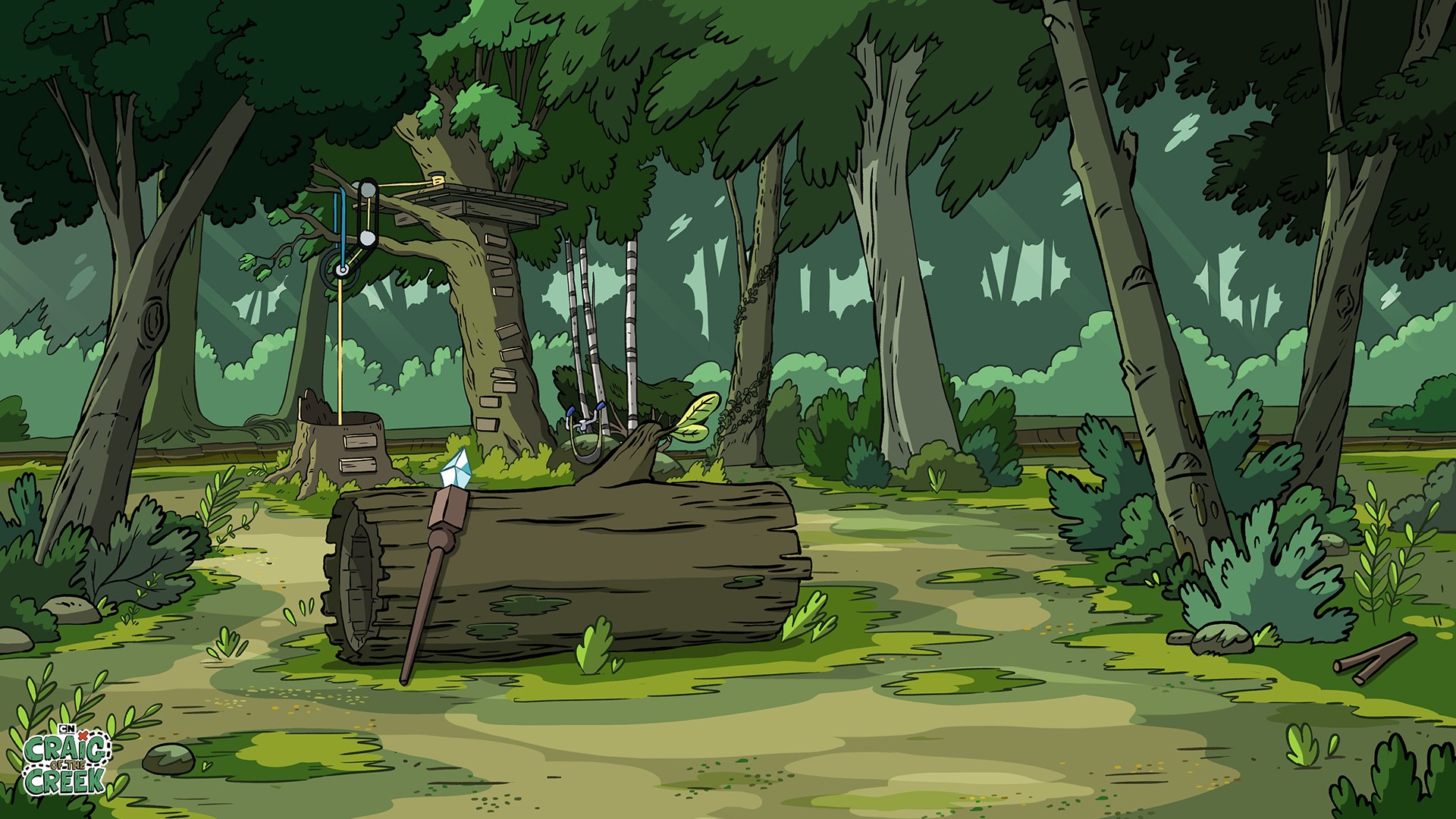 Craig of the Creek forest scene with log and treehouse HD Wallpaper