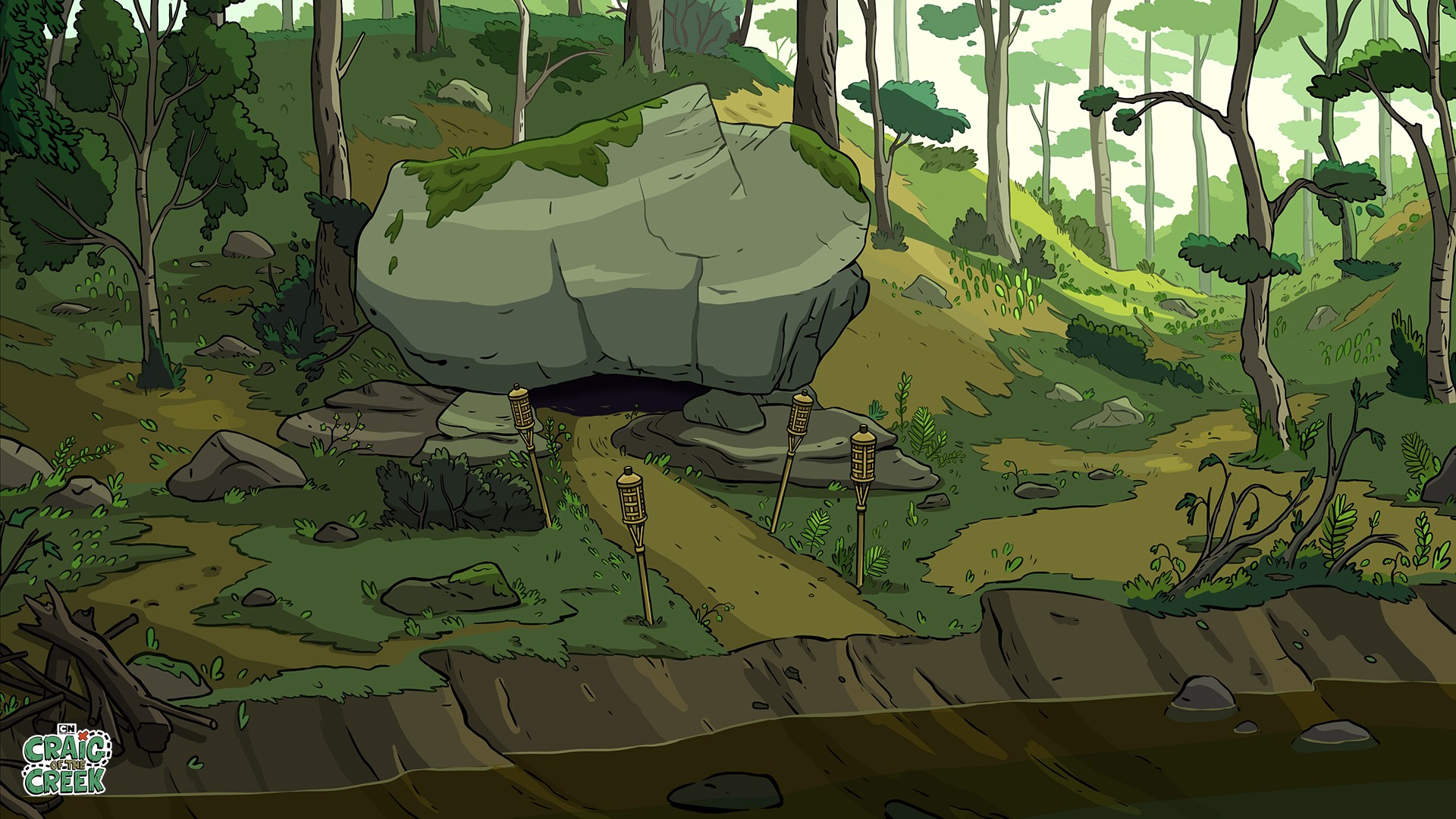 Forest path with large rock and torches HD Wallpaper
