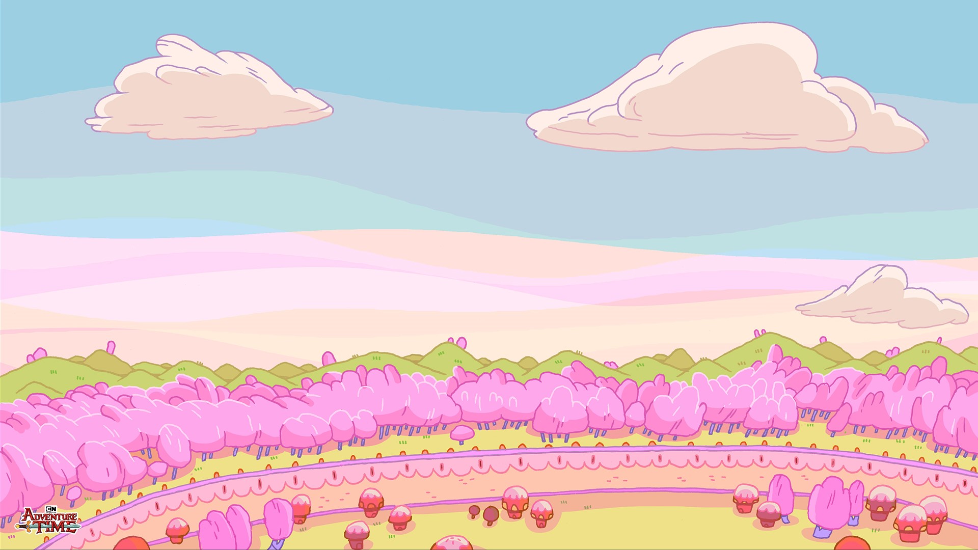 Adventure Time landscape with pink trees and clouds HD Wallpaper