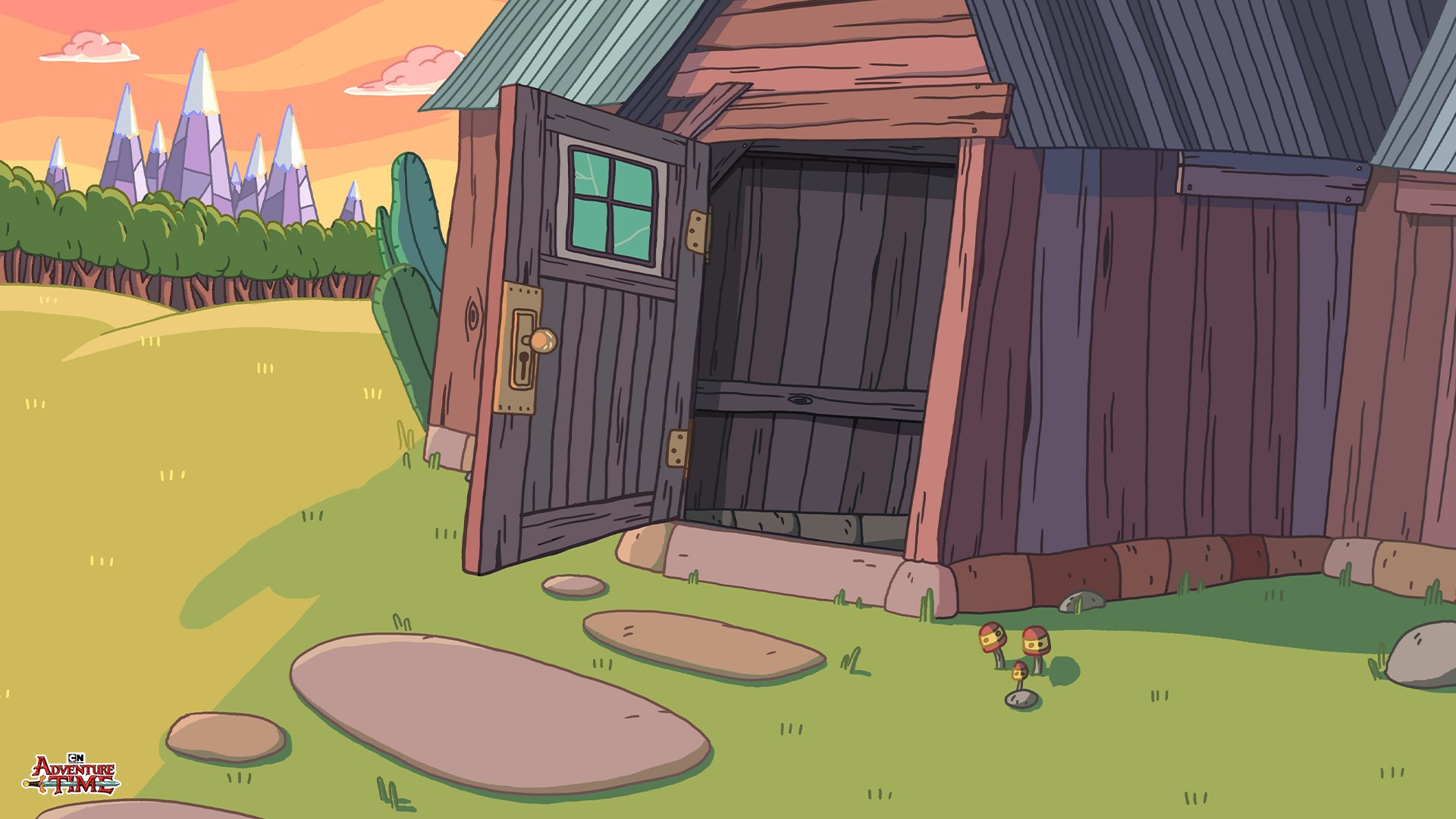 Adventure Time: A wooden cabin with an open door in a grassy field. HD Wallpaper