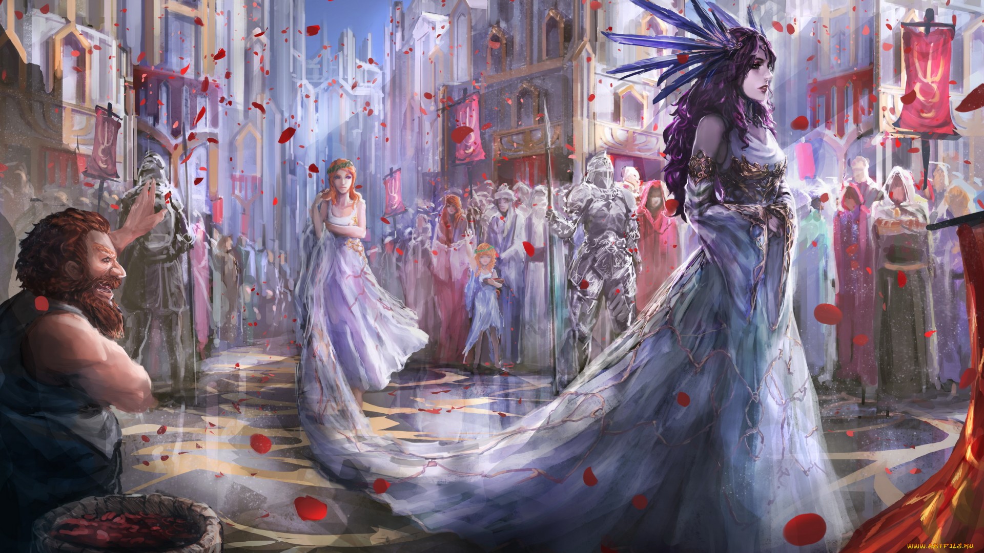 Fantasy art of a procession with a woman in a large dress HD Wallpaper