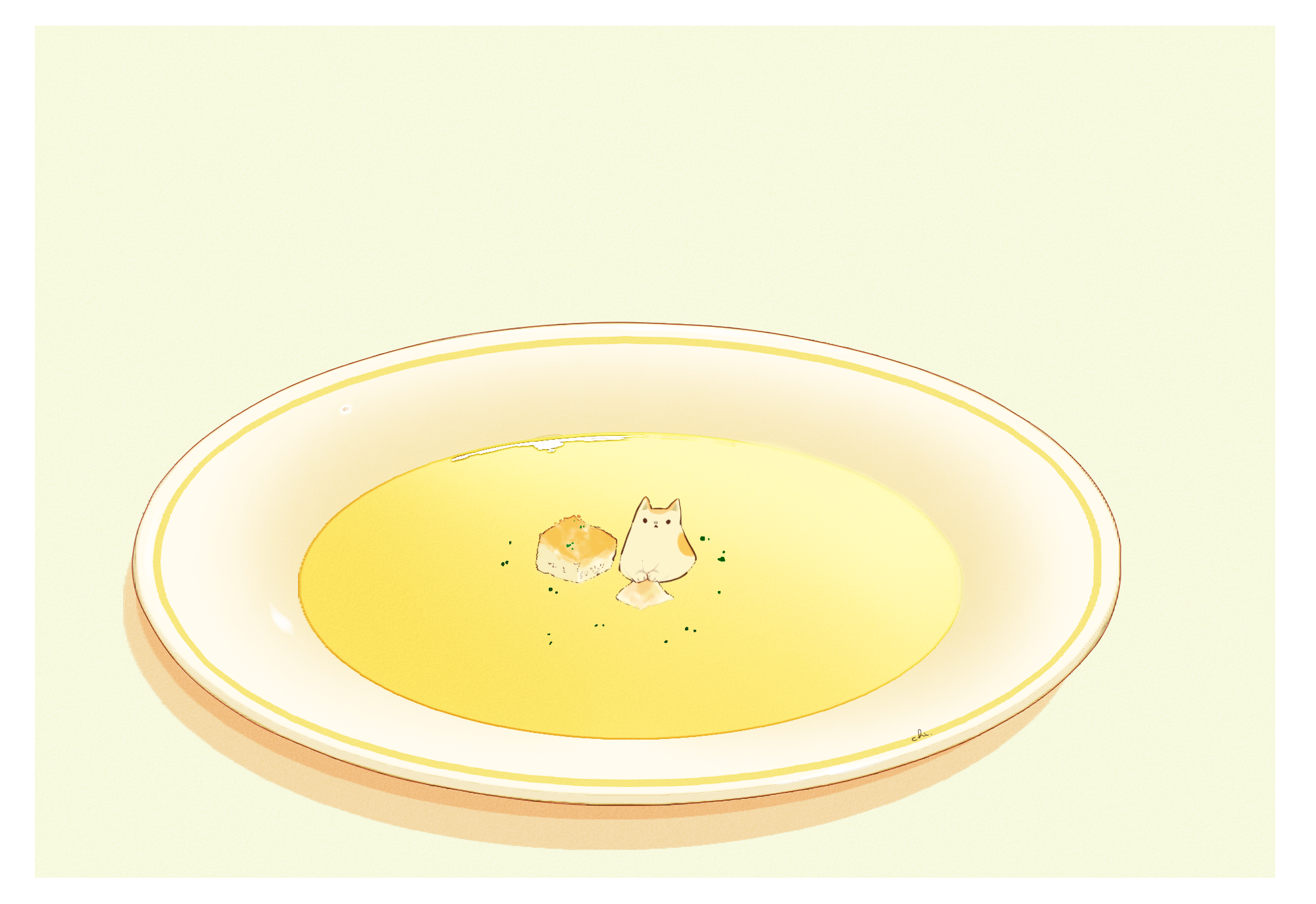 Cat and croutons in a bowl of soup HD Wallpaper