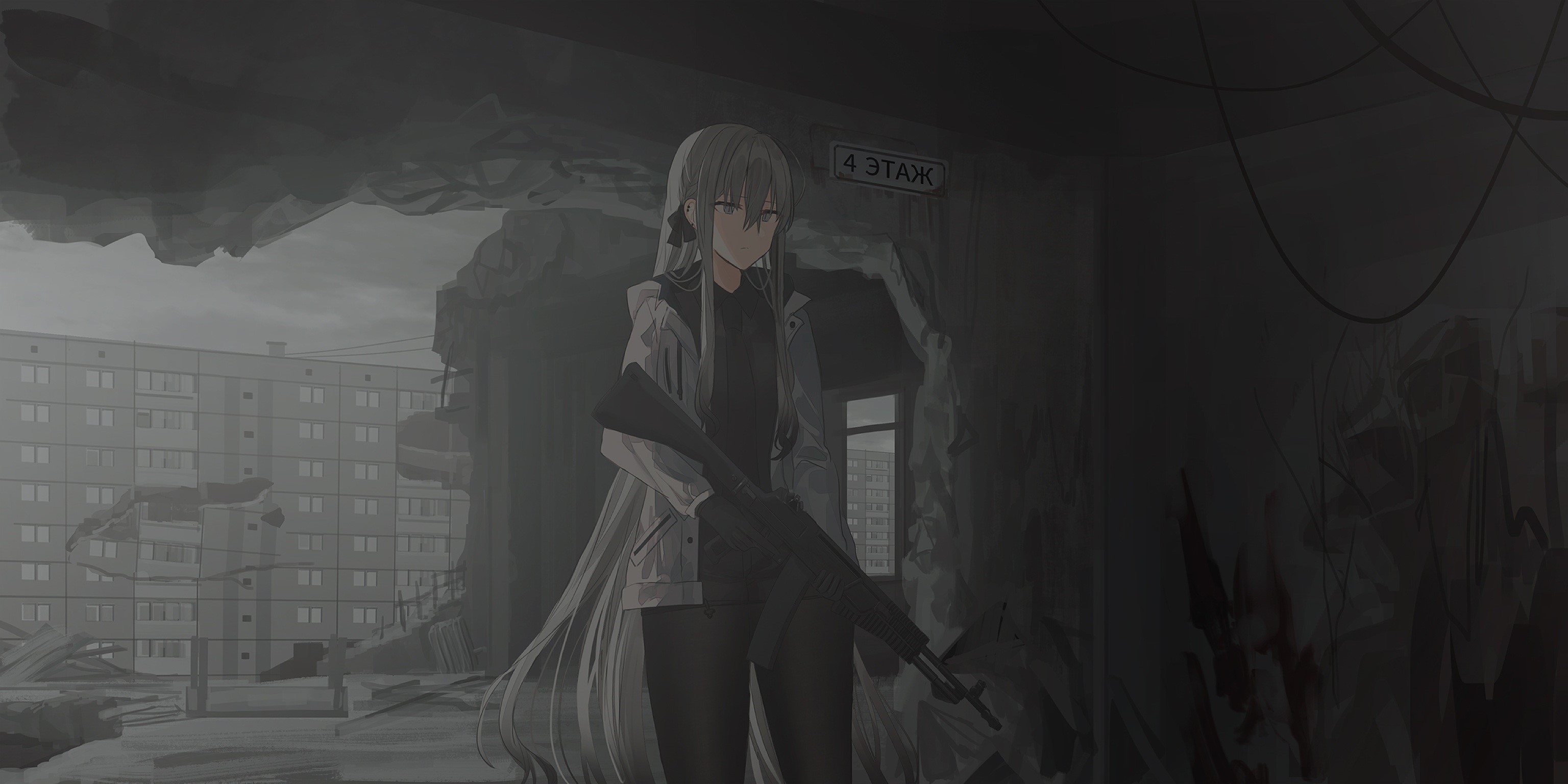 Anime girl with rifle in ruined building HD Wallpaper