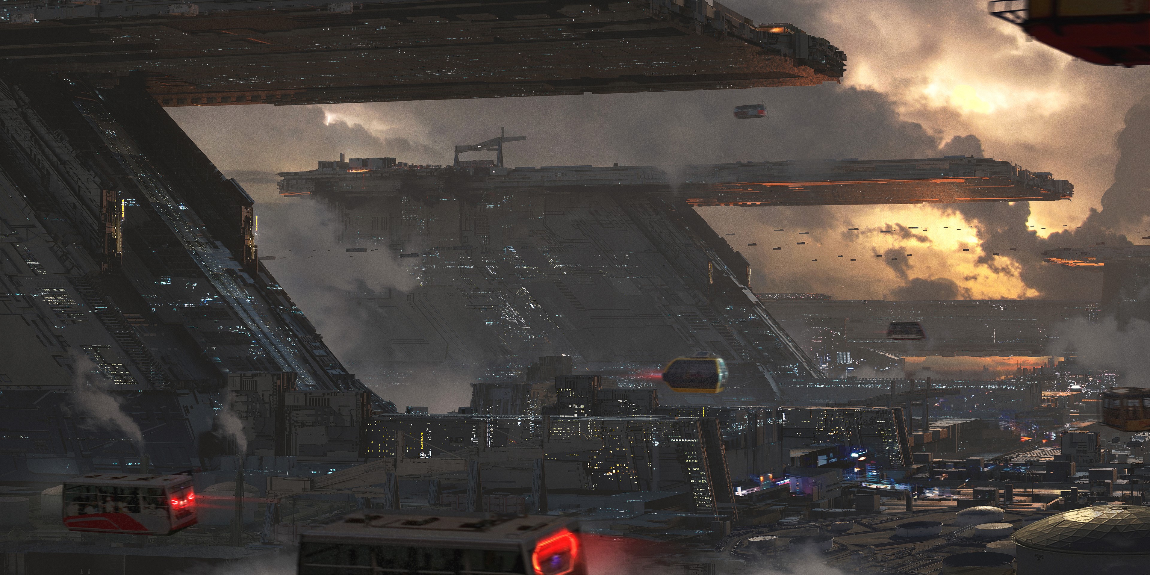 Futuristic industrial city with flying vehicles HD Wallpaper