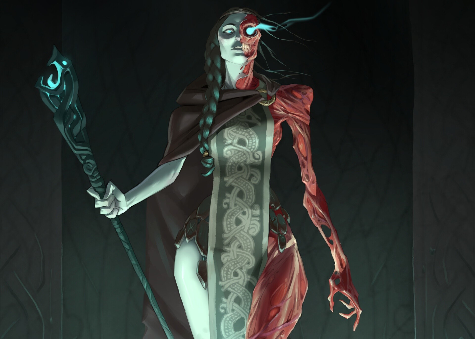 Fantasy art of a half-undead Viking sorceress with a staff HD Wallpaper