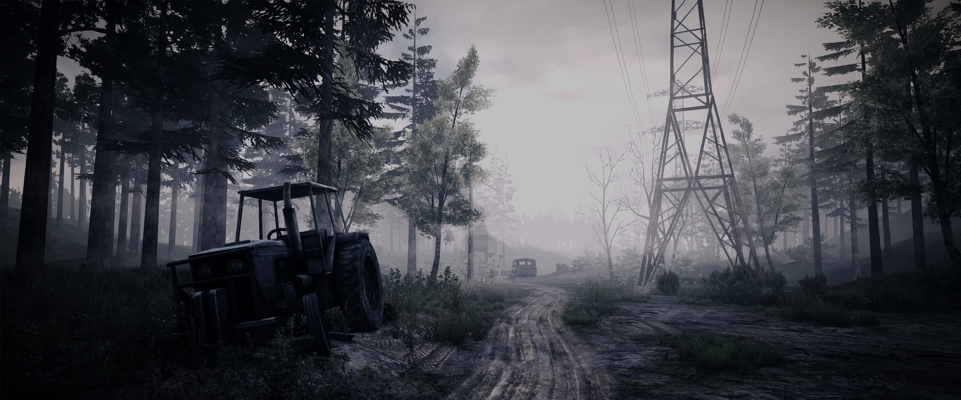 Tractors and power lines in a foggy forest HD Wallpaper