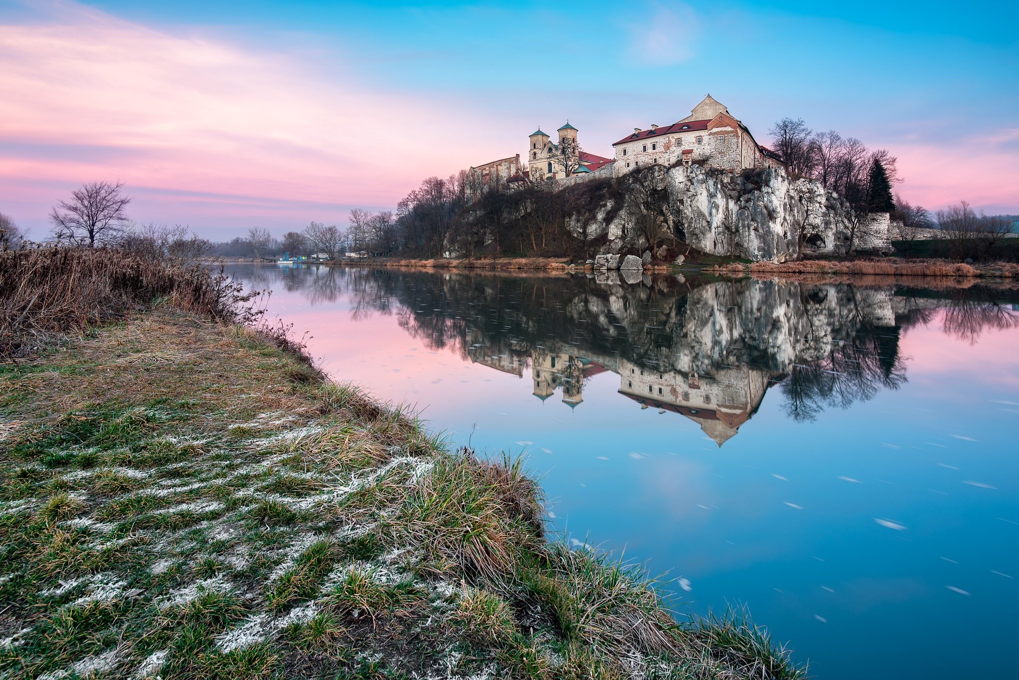 Benedictine Abbey in Tyniec, Poland reflected in the Vistula River HD Wallpaper
