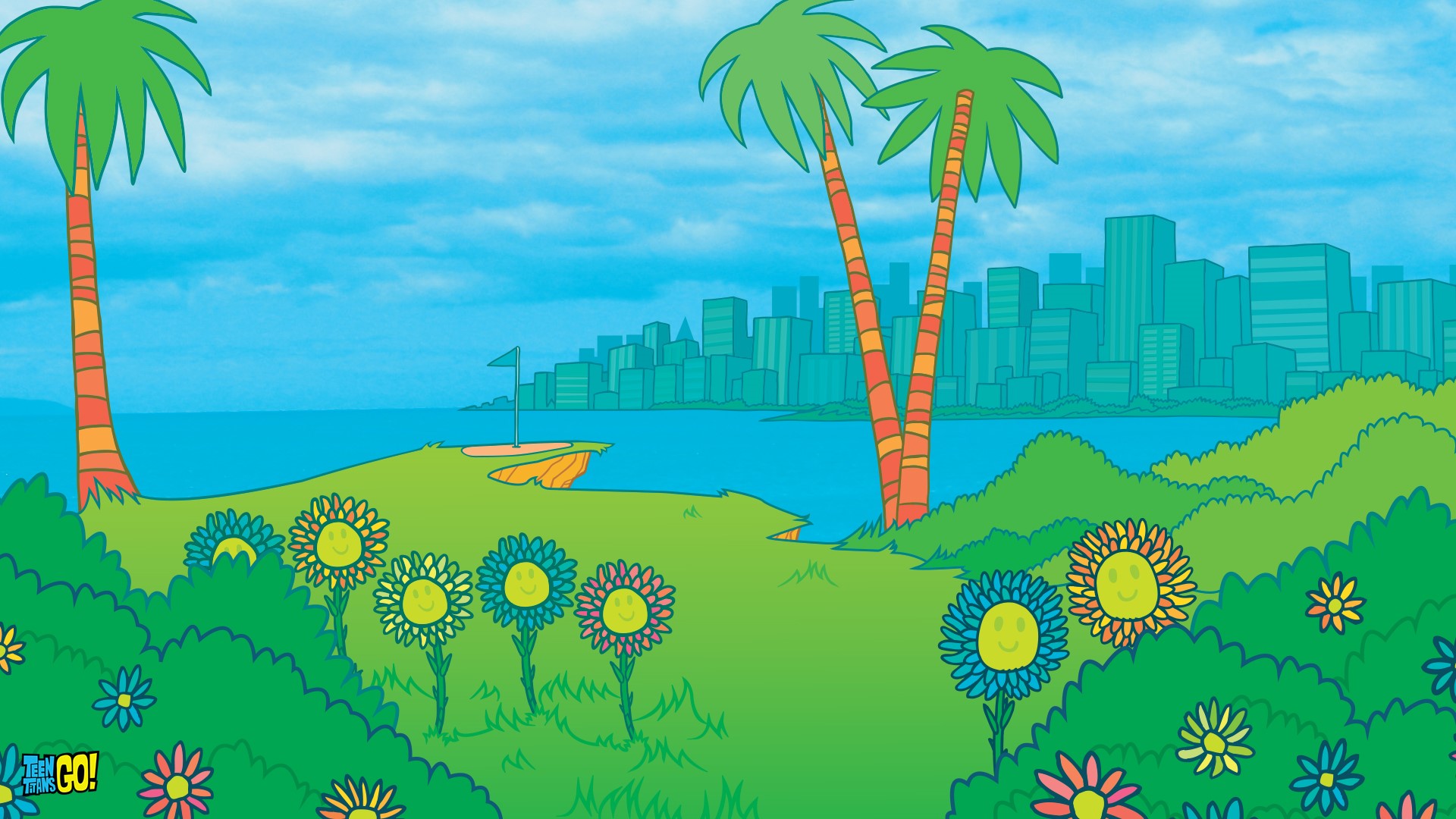 Teen Titans Go! Golf Course with City Skyline HD Wallpaper