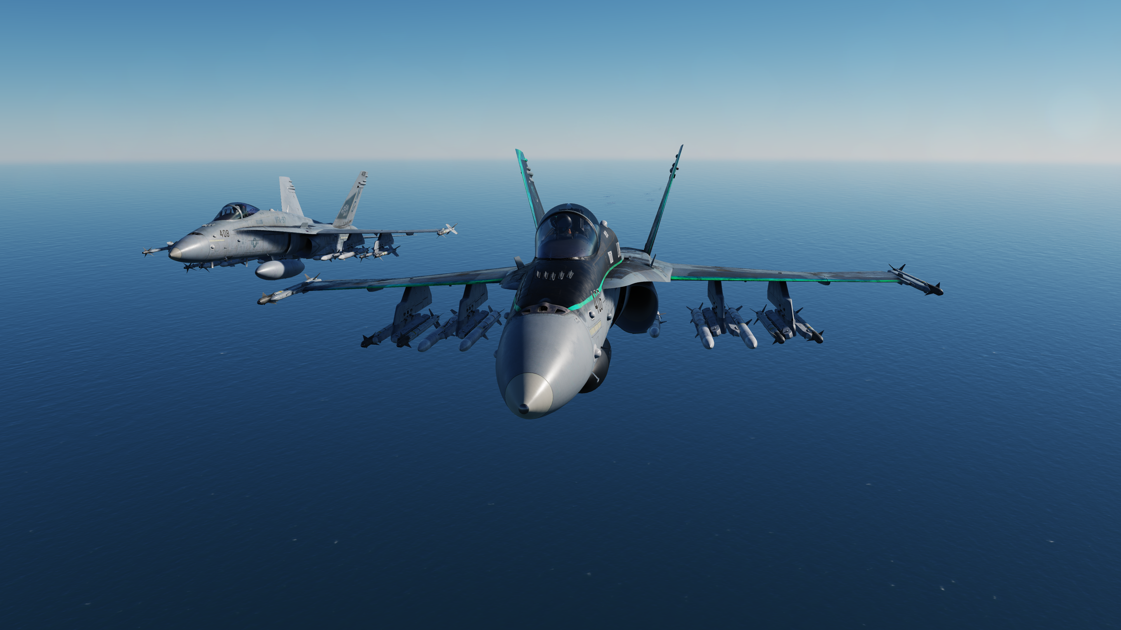 4K Digital Combat Simulator: Two McDonnell Douglas F/A-18 Hornets over sea HD Wallpaper